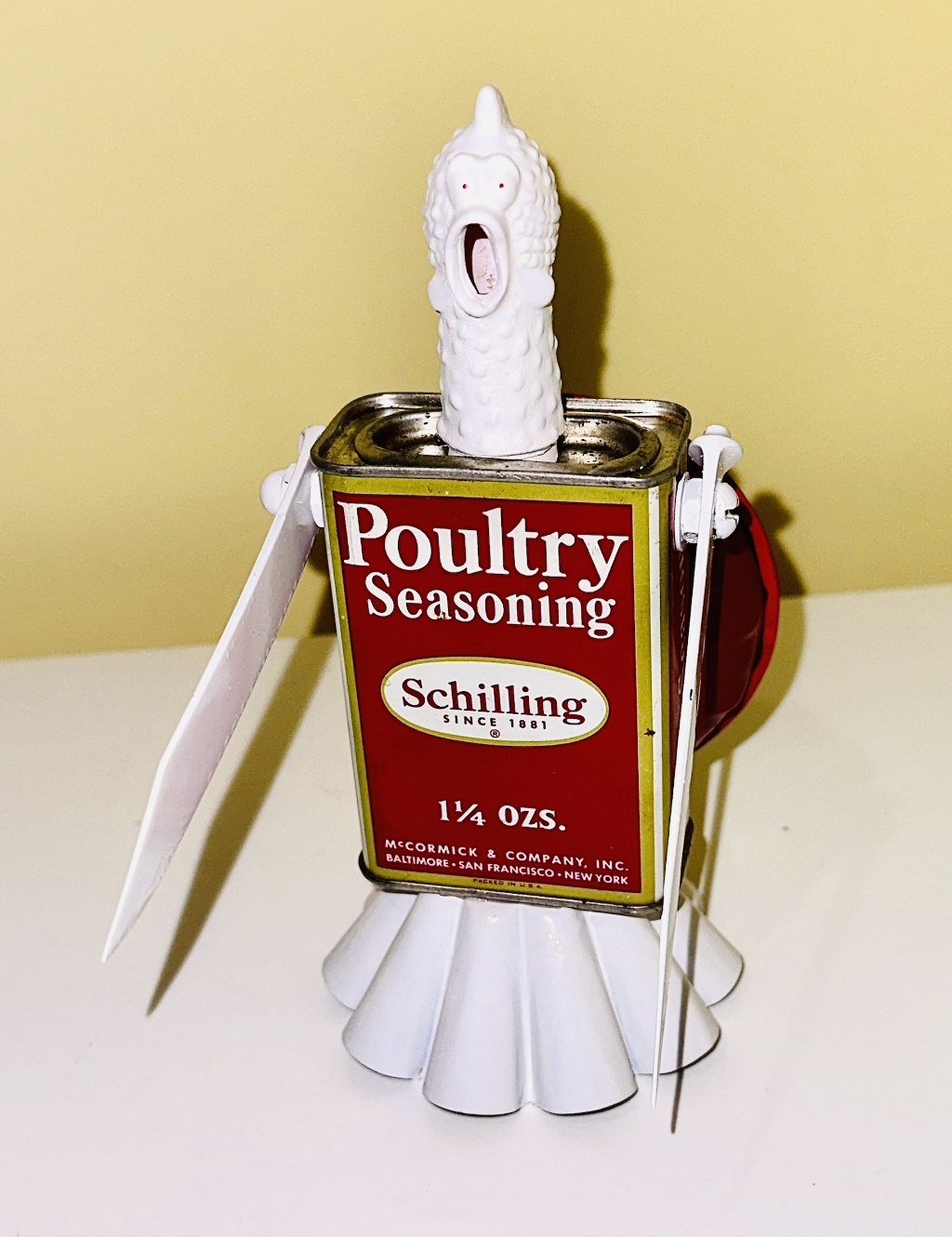 AVAILABLE.
“Poultrygeist” To be exhibited at the Featherstone Gallery of the Arts Holiday Gift Show, Nov 13 - Dec 17.
Vintage spice tin, rubber chicken head,
test tube stopper, antique knife blades,
Jell-O mold, vintage noisemaker.
