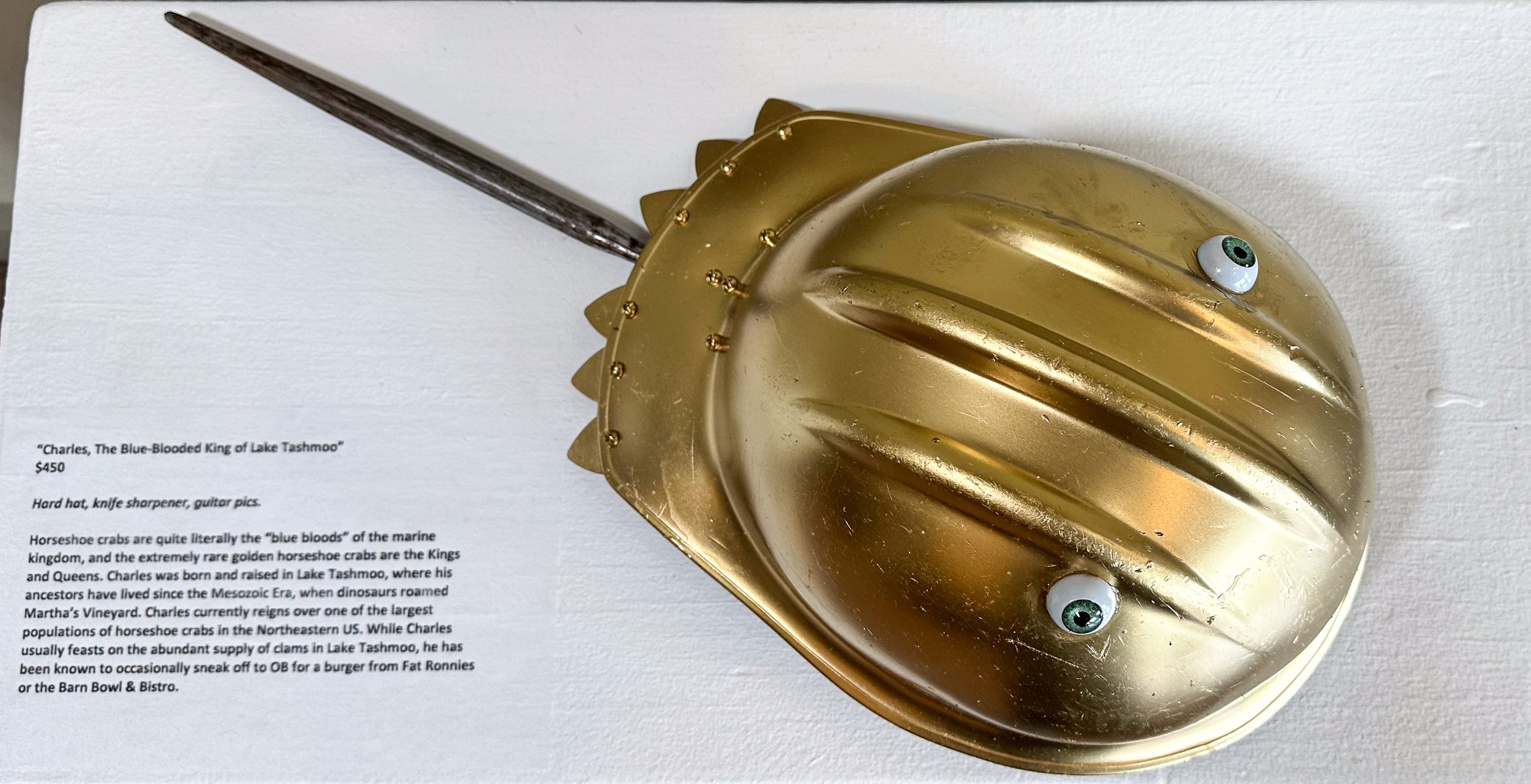 AVAILABLE; On exhibit now at the Gallery Galaxy in Oak Bluffs, on Martha's Vineyard!
Hard hat, knife sharpener, guitar pics, doll eyes.
Horseshoe crabs are quite literally the “blue bloods” of the marine kingdom, and the extremely rare golden horse