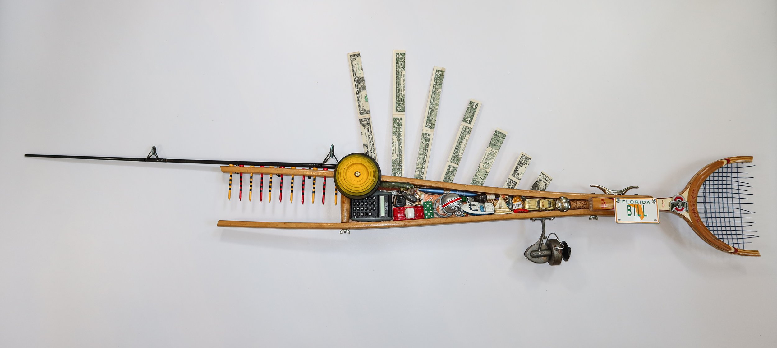 SOLD. "Dollar Bill"
Custom / commissioned piece for a retired F-50 finance executive, whose passions include tennis, fishing, cars, boating, skeet shooting, and Ohio State football. Pre-sold.