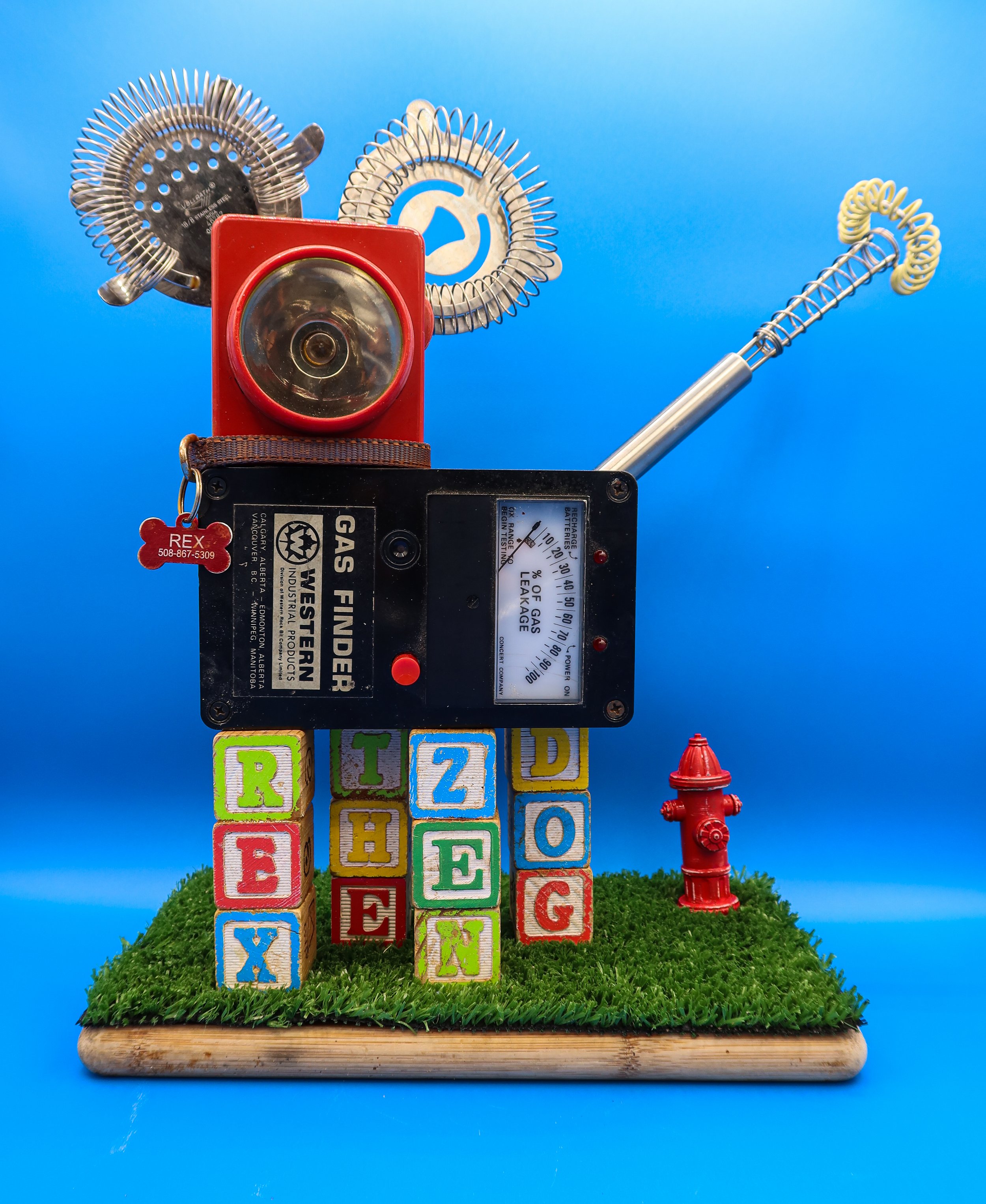 NFS. "Rex, the Zen Dog."
Gas meter, wooden blocks, vintage flashlight, bar tools, cutting board.
15"T X 15"W X 6"D.
Currently in residence at the artist's home.