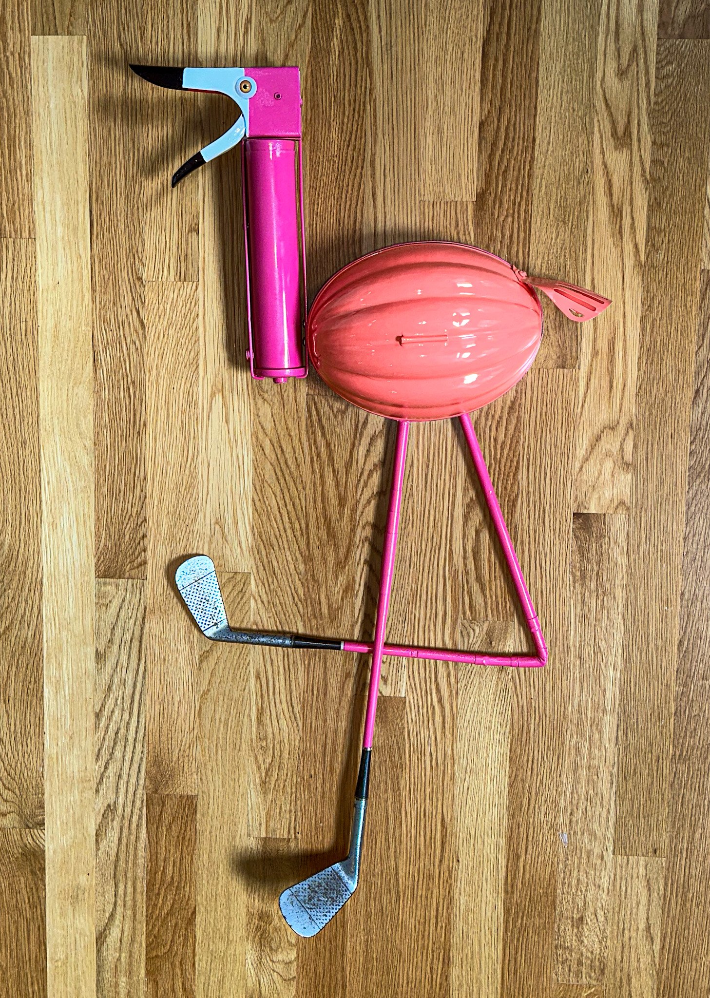AVAILABLE; Peter 'Pinky' Floyd
36 X 18 X 5
Caulking gun and tube of caulk, antique Kreamer pudding mold, vintage straining spoon, golf clubs.
