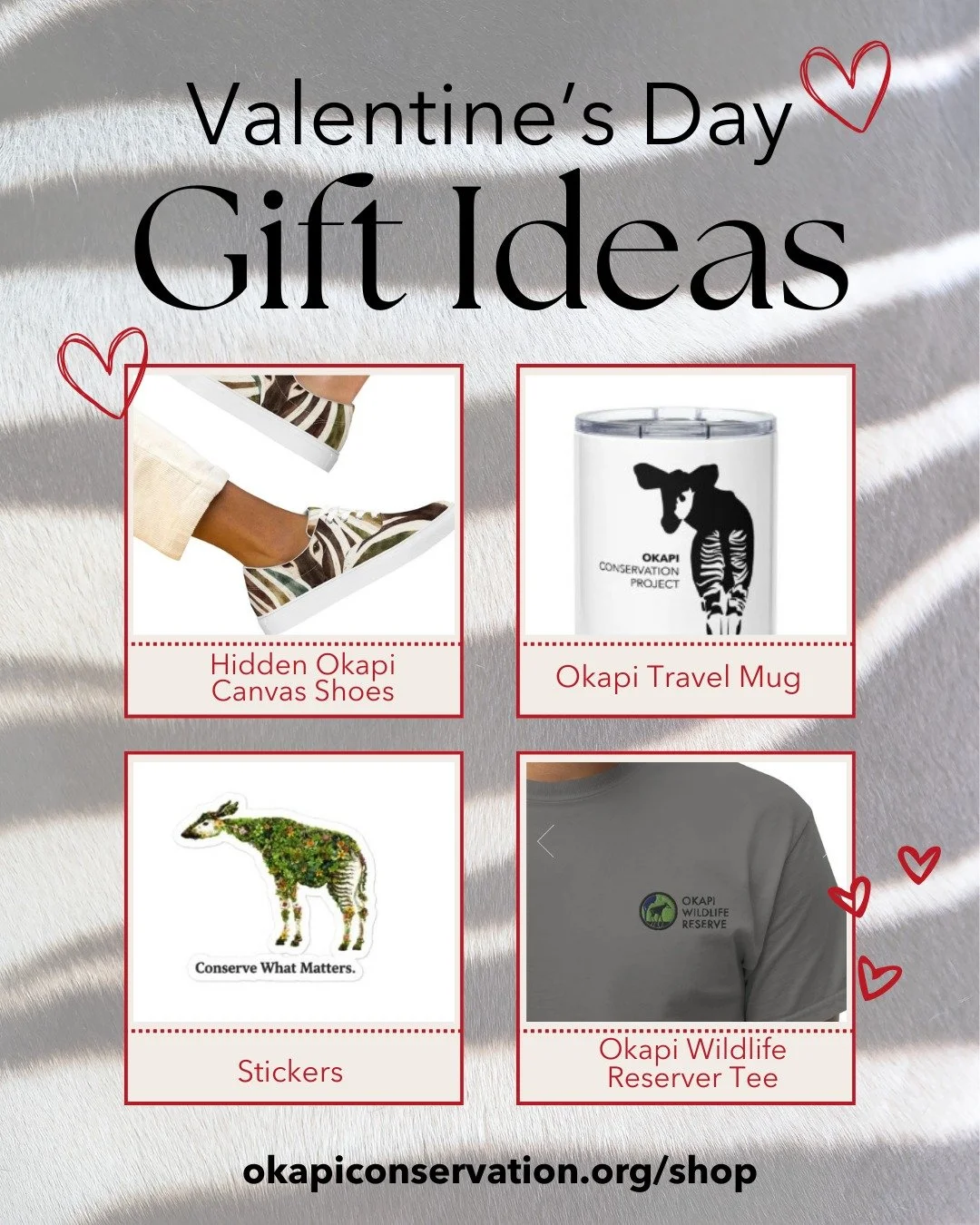 Valentine&rsquo;s gifts that gives back! 💗

From cozy candles and sweet cards to stickers, shoes, and more, these gifts are perfect for animal lovers with big hearts. Every purchase supports okapi conservation, so your Valentine gets a gift and a fe