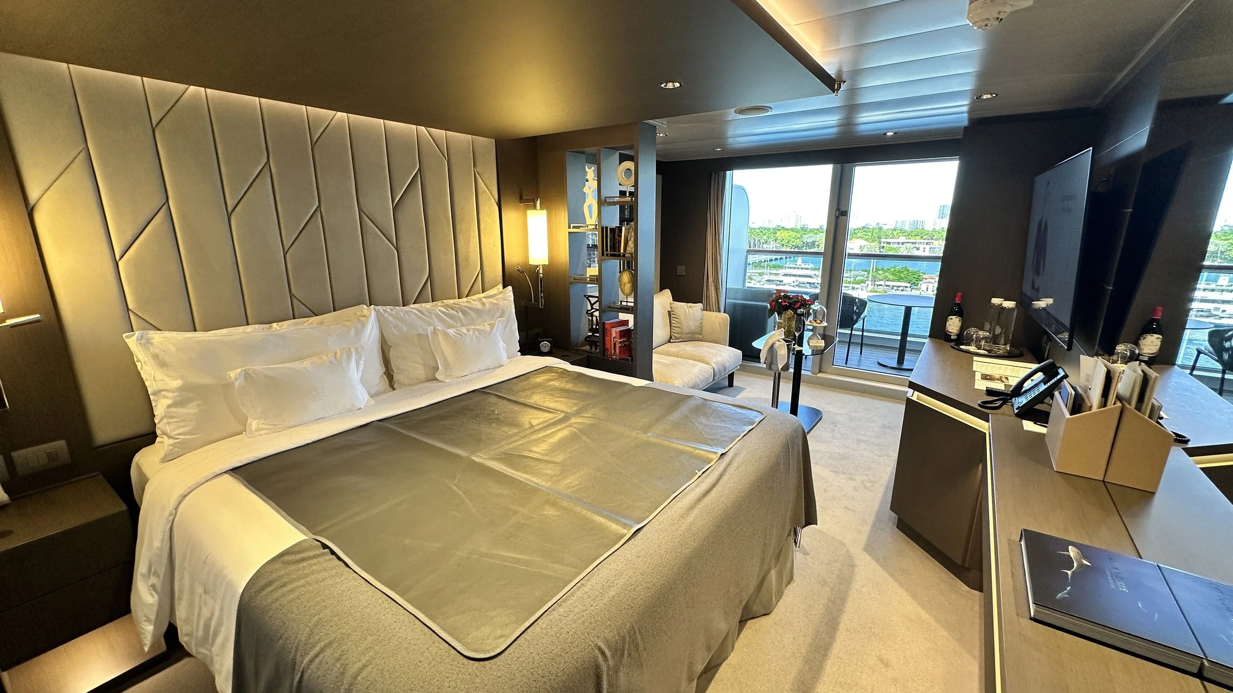Explora Journeys Ocean Terrace Suite with private terrace and walk-in shower.