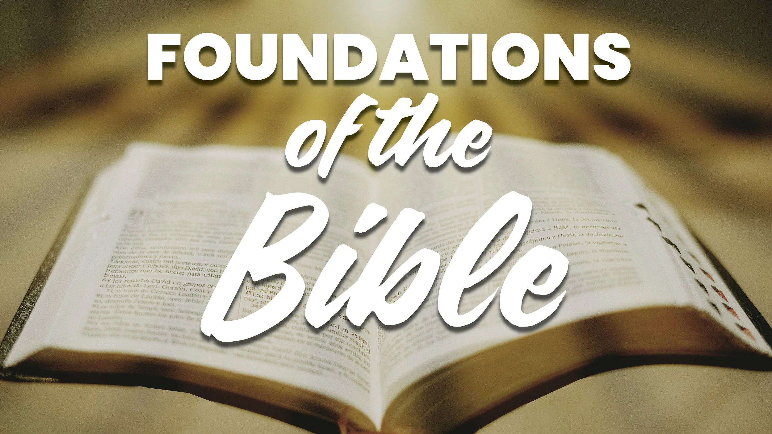 An open bible with beams of light streaming over it with words over the top that say, "Foundations of the Bible."