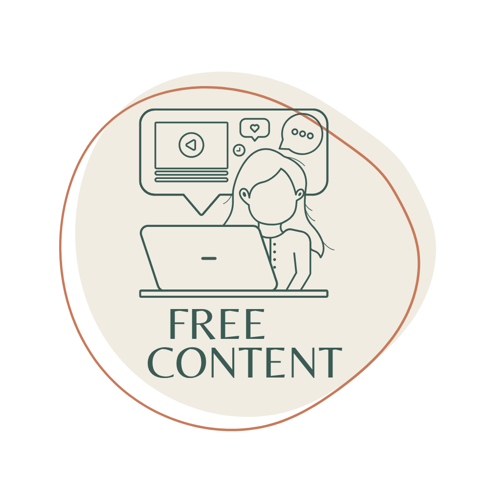 A line drawing of a woman sitting at a laptop with speech bubbles showing video play, heart, and chat icons behind her. The text 'FREE CONTENT' is below the illustration.