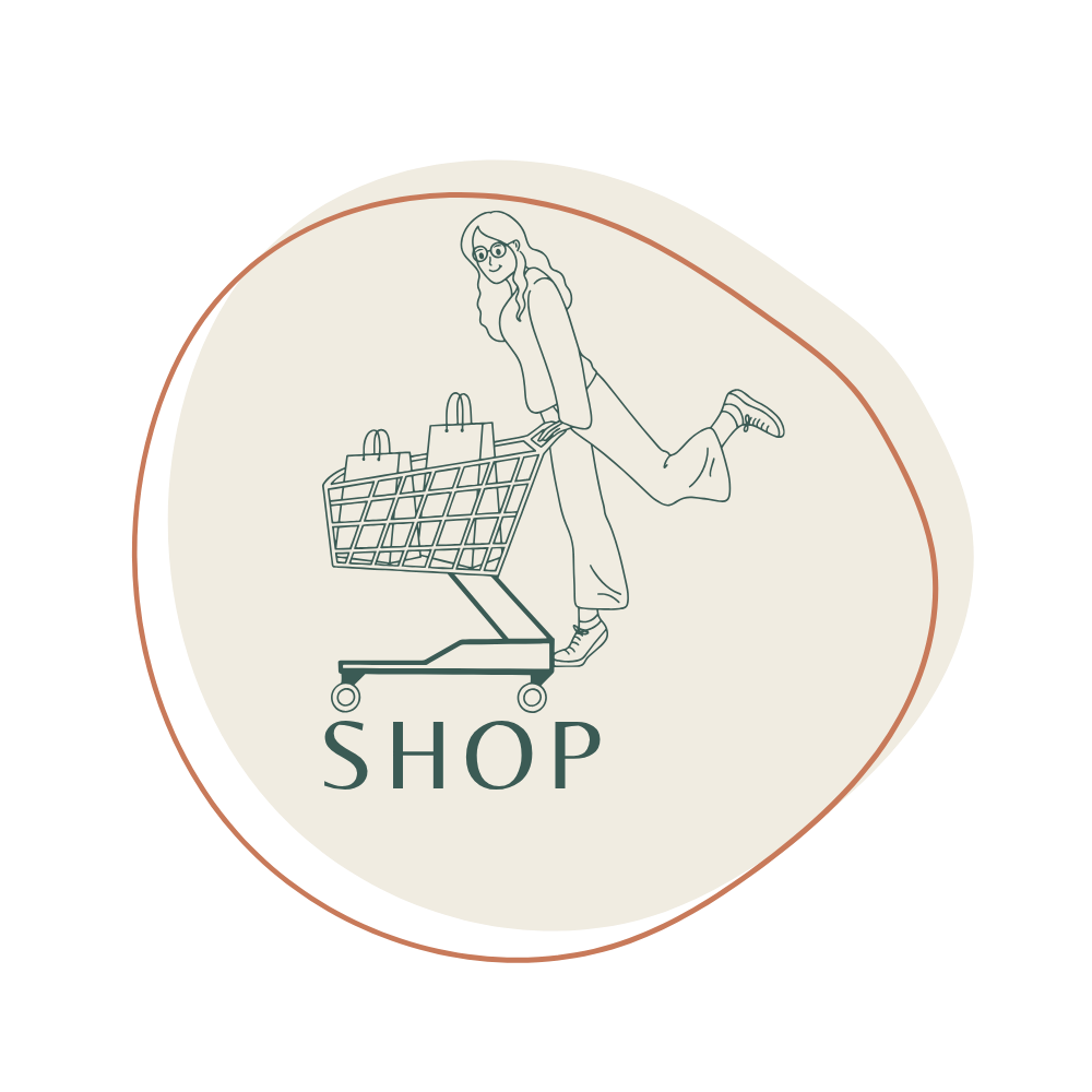 Line drawing of a woman pushing a shopping cart with grocery bags inside, smiling, with the word 'SHOP' below.