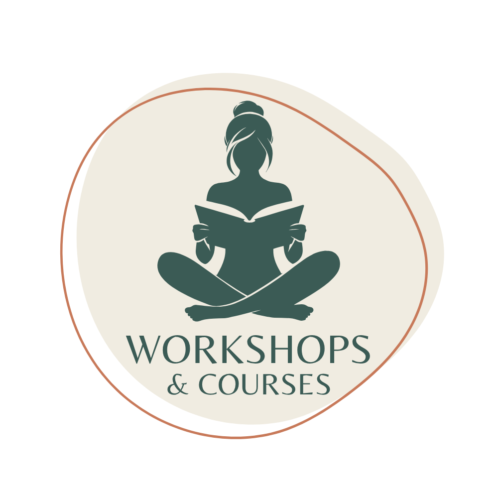Logo featuring a silhouette of a woman sitting cross-legged, reading a book, with the text 'WORKSHOPS & COURSES' below.