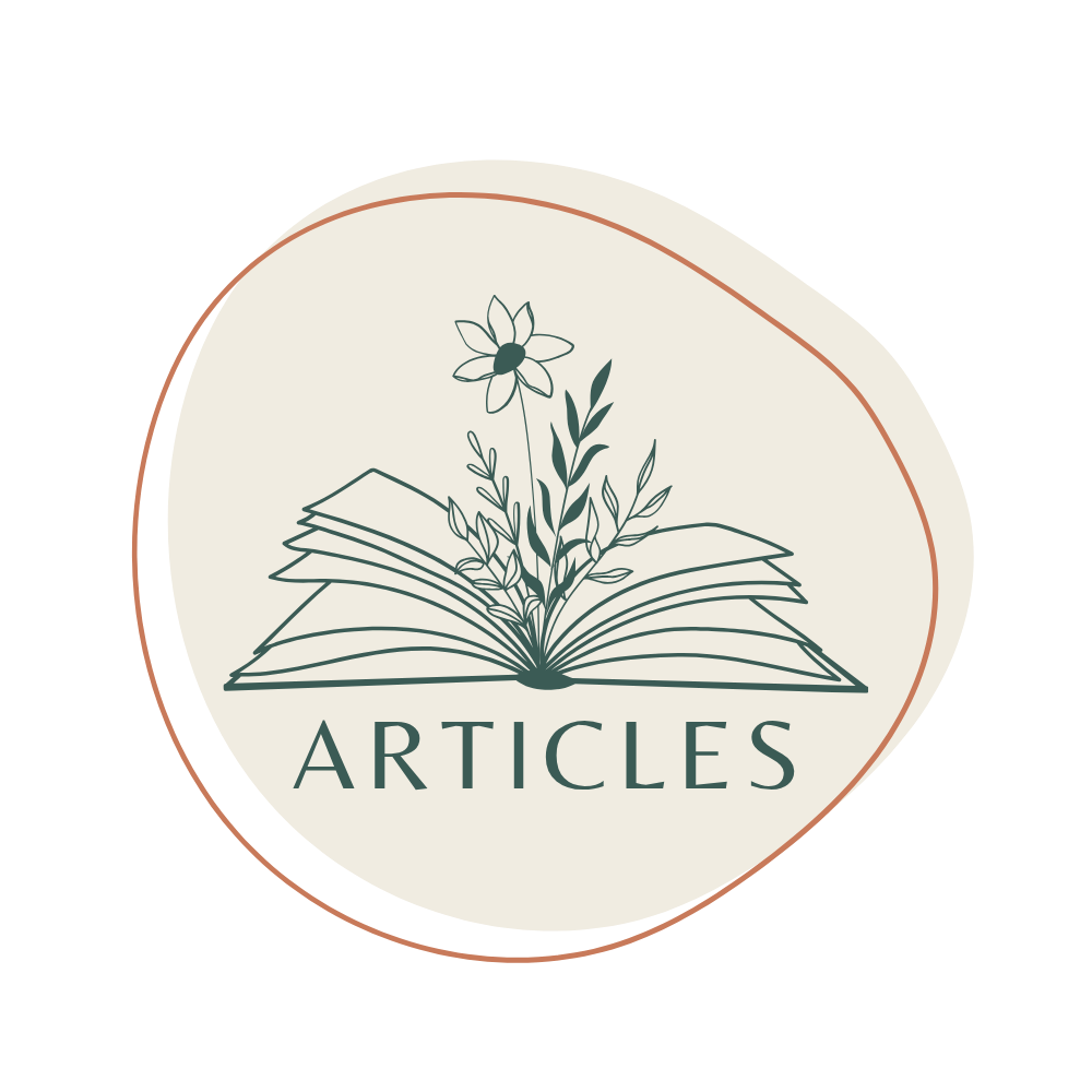 Logo featuring an open book with flowers and leaves growing out of it, with the word 'ARTICLES' below.