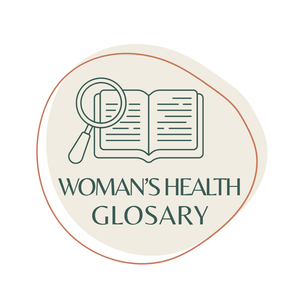 Logo with a magnifying glass, open book, and text that reads "Woman's Health Glossary"