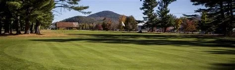 Golf course with green grass, trees, and distant mountains.
