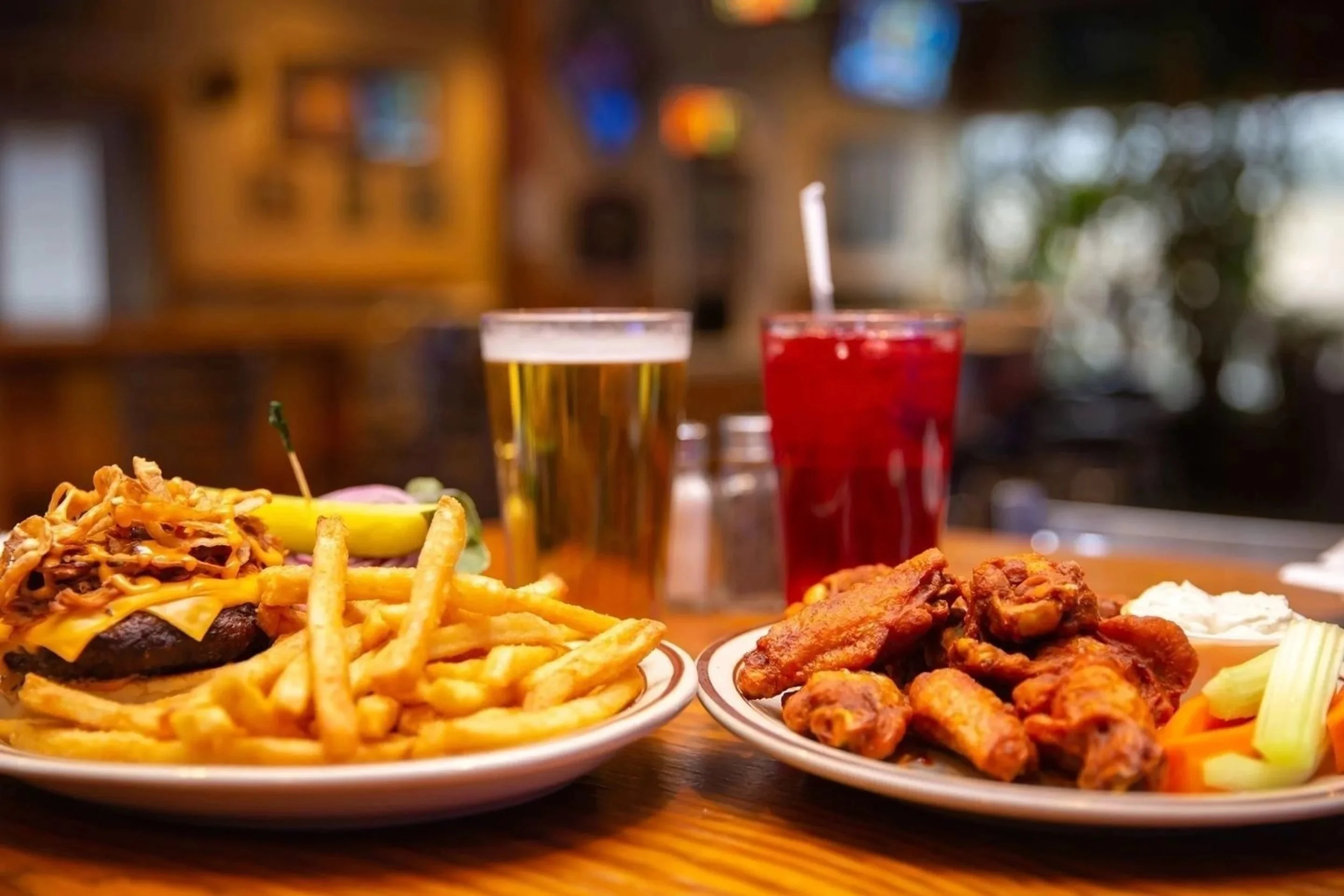 Beer, soda, fries and chicken wings