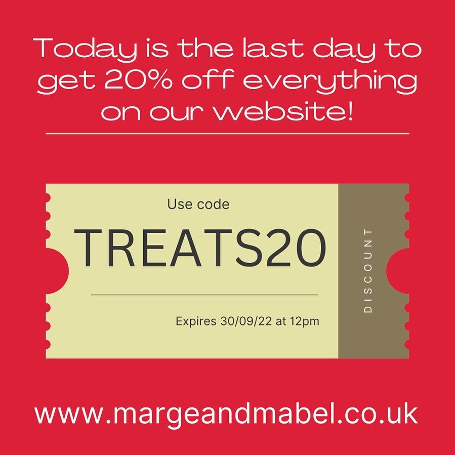 Today is the last day to get 20% off everything on our website. 

www.margeandmabel.co.uk

#dogtreats #specialoffer #homemadedogfood #homemadedogtreats #dogfood #newdog #puppyuk #puppytreats #dogbirthday #dogbirthdayparty #dogbirthdaycake