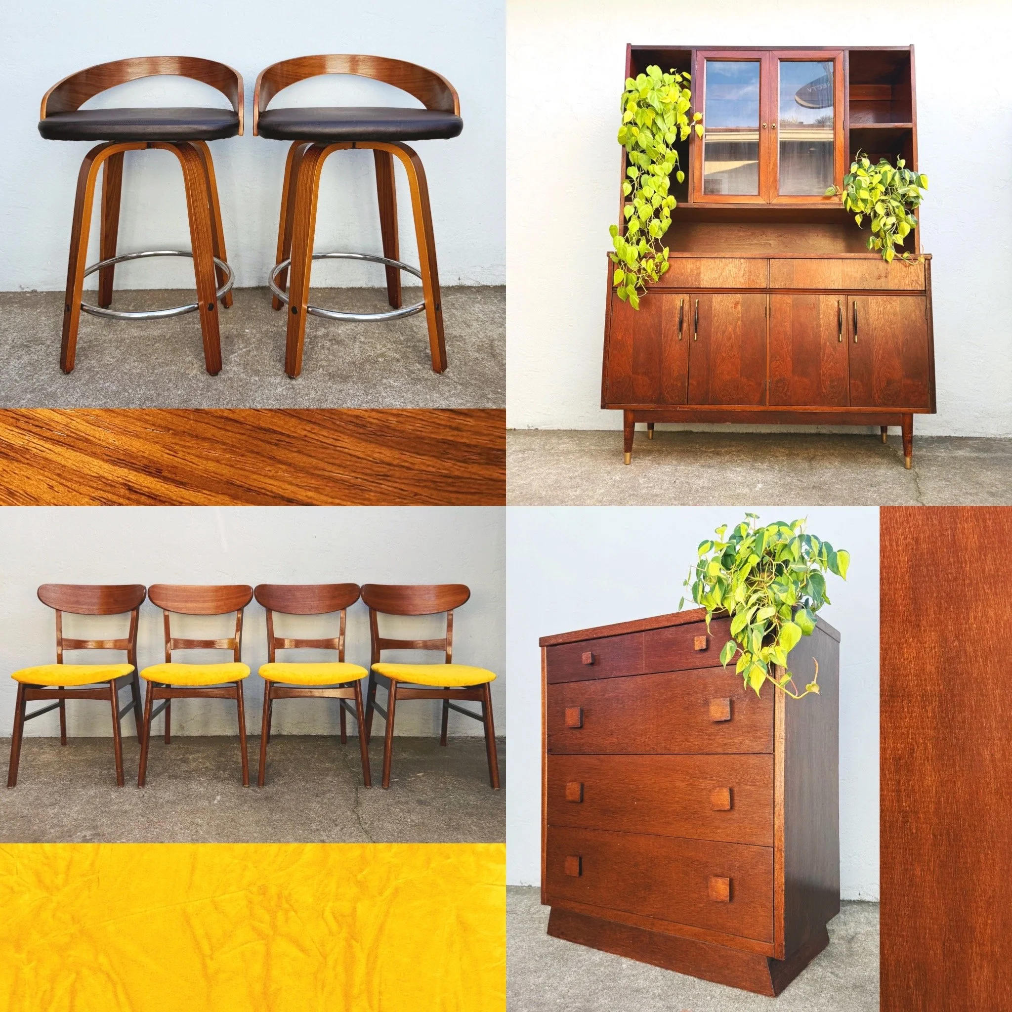 Four pieces of vintage wooden furniture: two high stools with black seats, a set of four matching chairs with yellow cushions, an urn-shaped cabinet with glass doors and greenery, and a dresser with square drawer pulls and a plant on top.