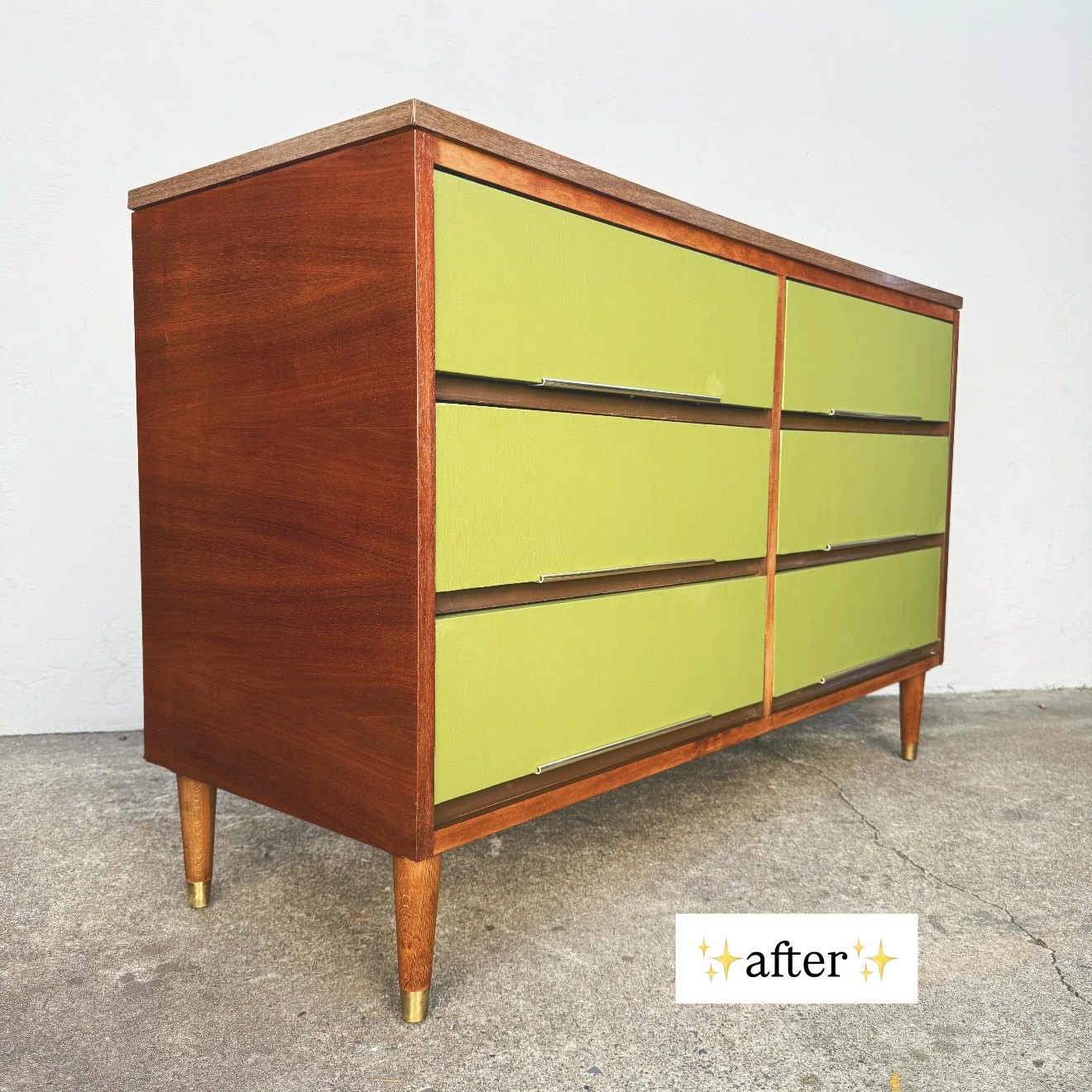 A vintage wooden dresser with six bright green drawers and tapered legs, labeled "after" with sparkles.