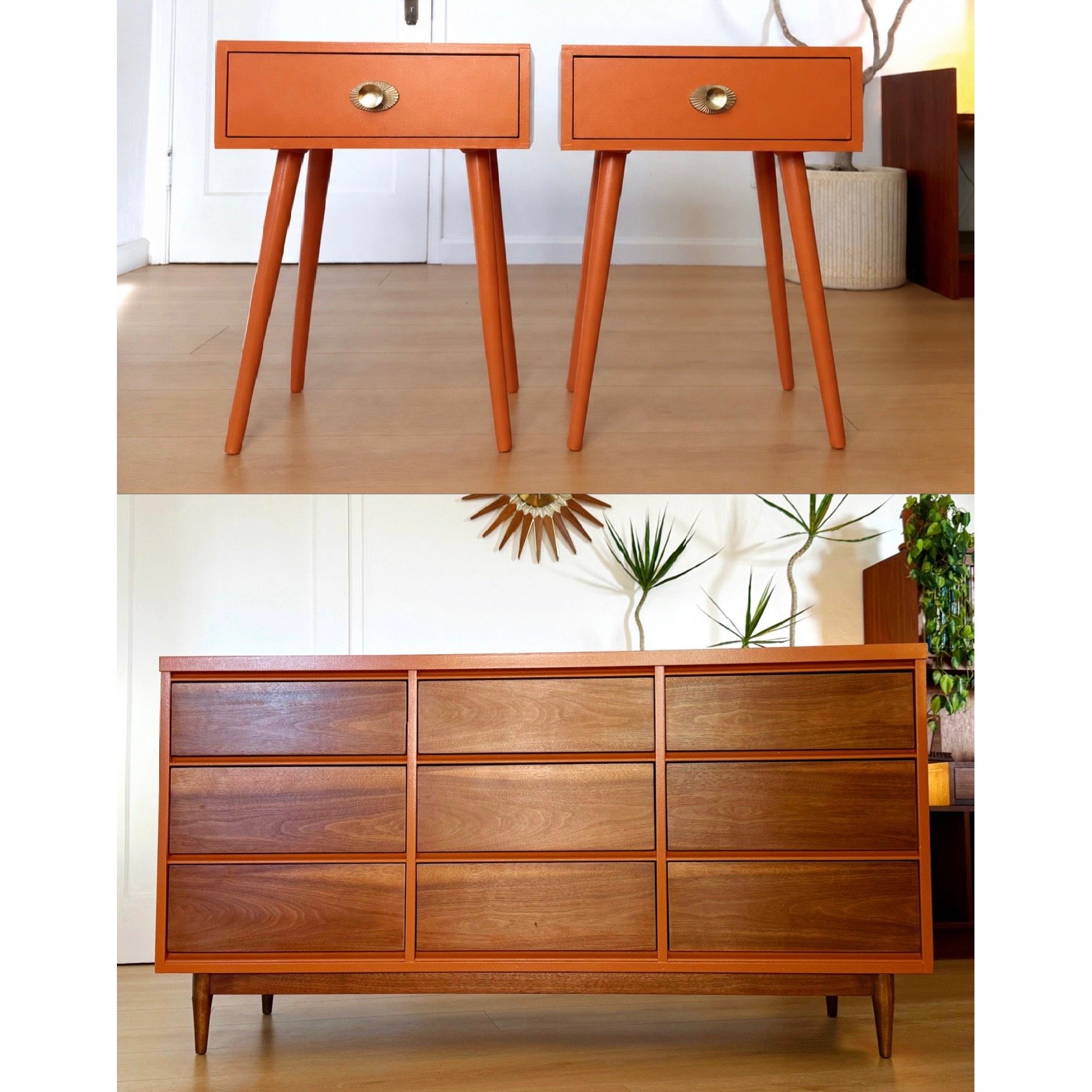 Mid Century Vintage Lowboy Dresser + Nightstand Set