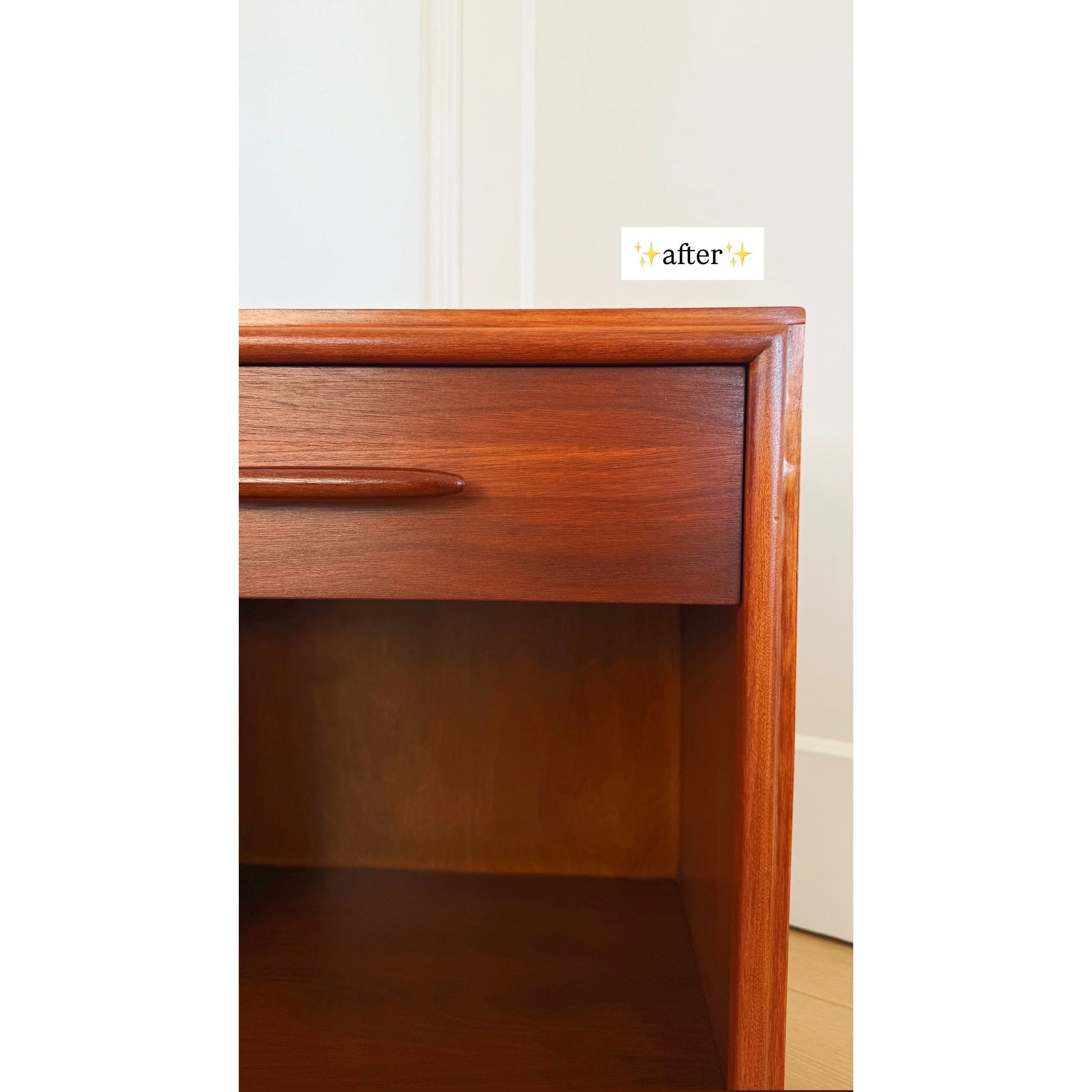 Close-up of a wooden desk with a drawer and an empty shelf underneath, against a light-colored wall, with an 'after' sticker.