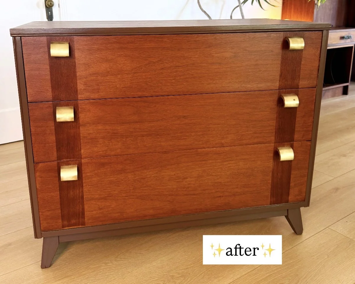A wooden dresser with three drawers, featuring brass handle accents on the sides, and labeled 'after' indicating it has been refinished or restored.