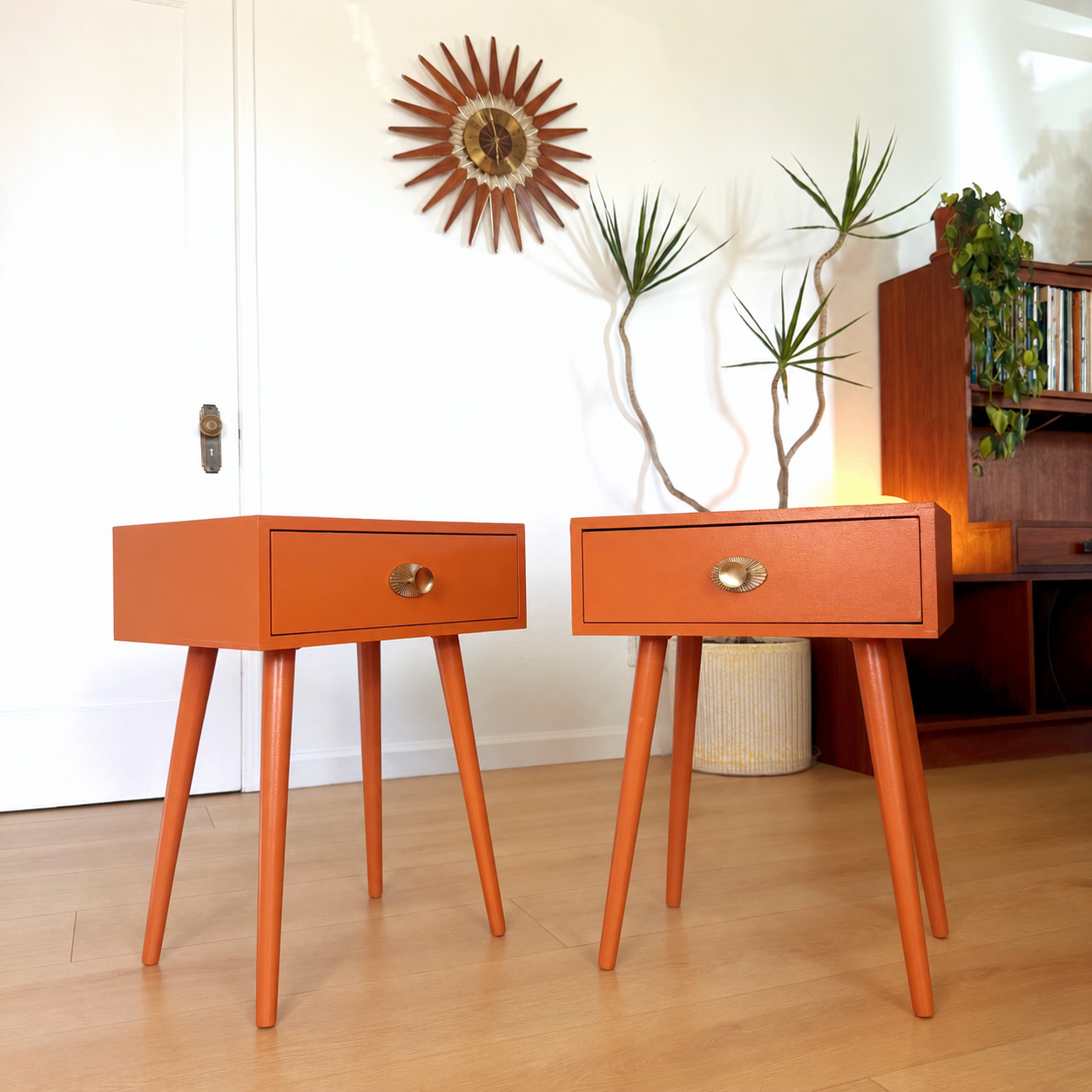2 Mid Century Modern Terracotta Orange Nighstands / End Tables