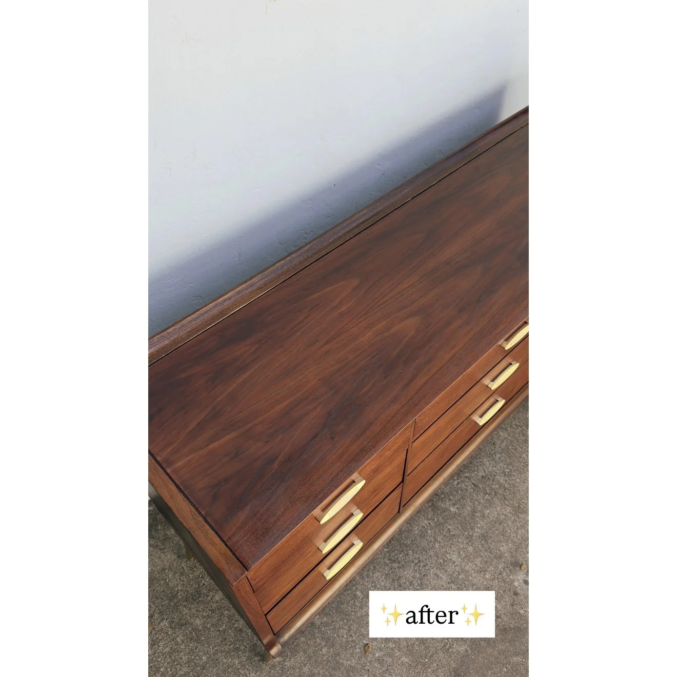 A wooden dresser with a polished finish and light-colored handles, positioned against a plain white wall, labeled as "after."