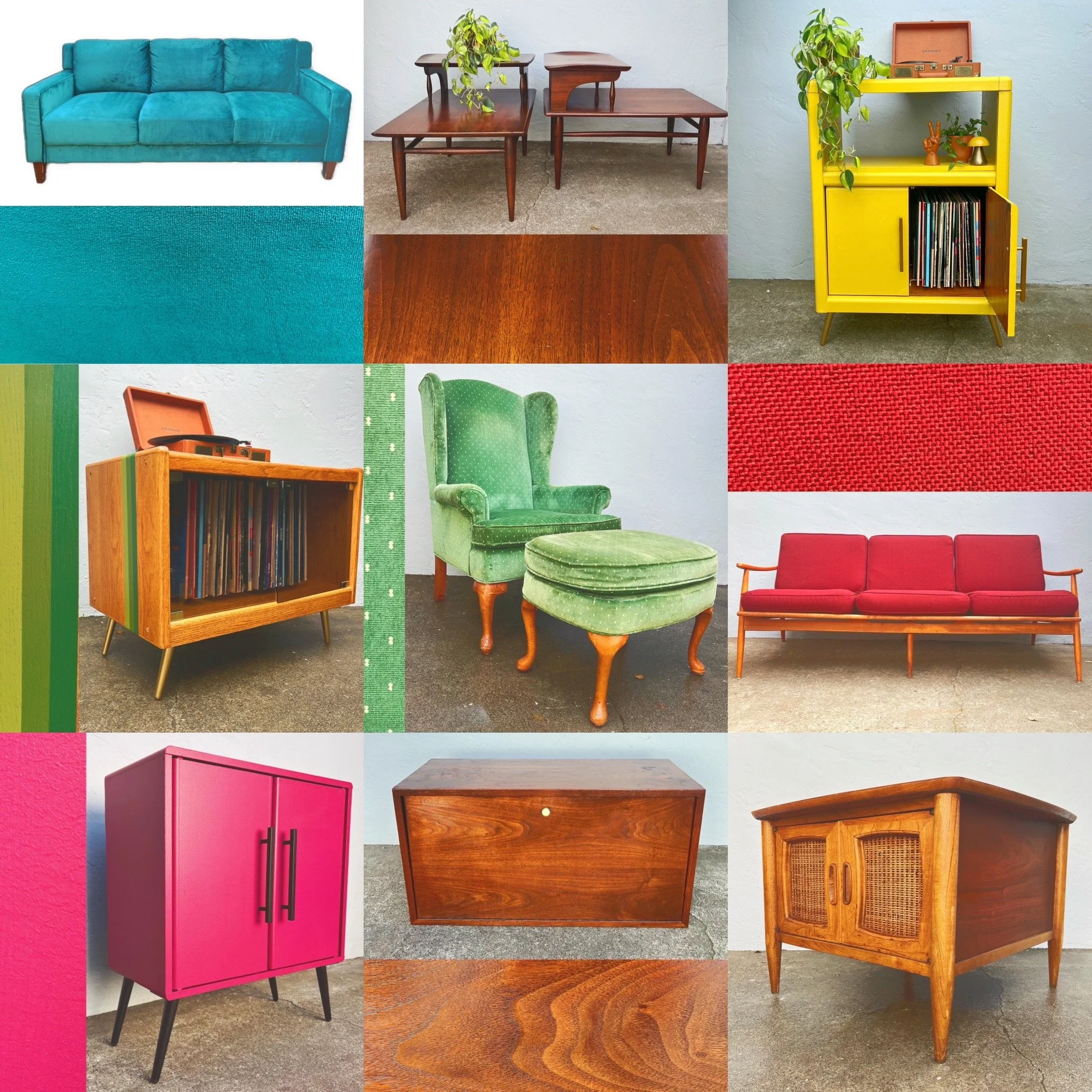 Collage of nine images featuring vintage furniture and decor including a blue sofa, set of wooden nesting tables, yellow bookshelf with decor, record box, green velvet armchair with matching ottoman, red sofa, pink cabinet, wooden side table, and a mid-century wooden cabinet.