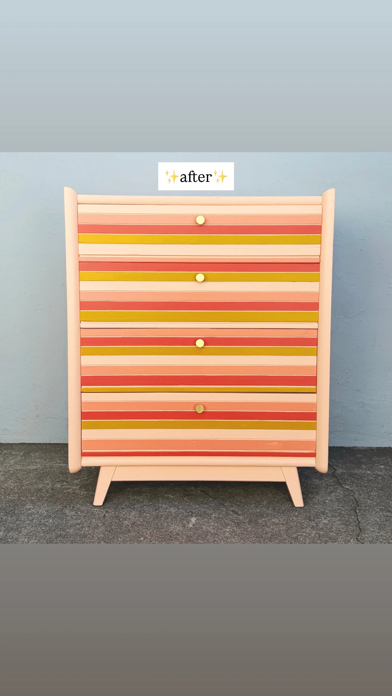 Pink wooden dresser with colorful horizontal stripes and round yellow knobs, labeled 'after' at the top.