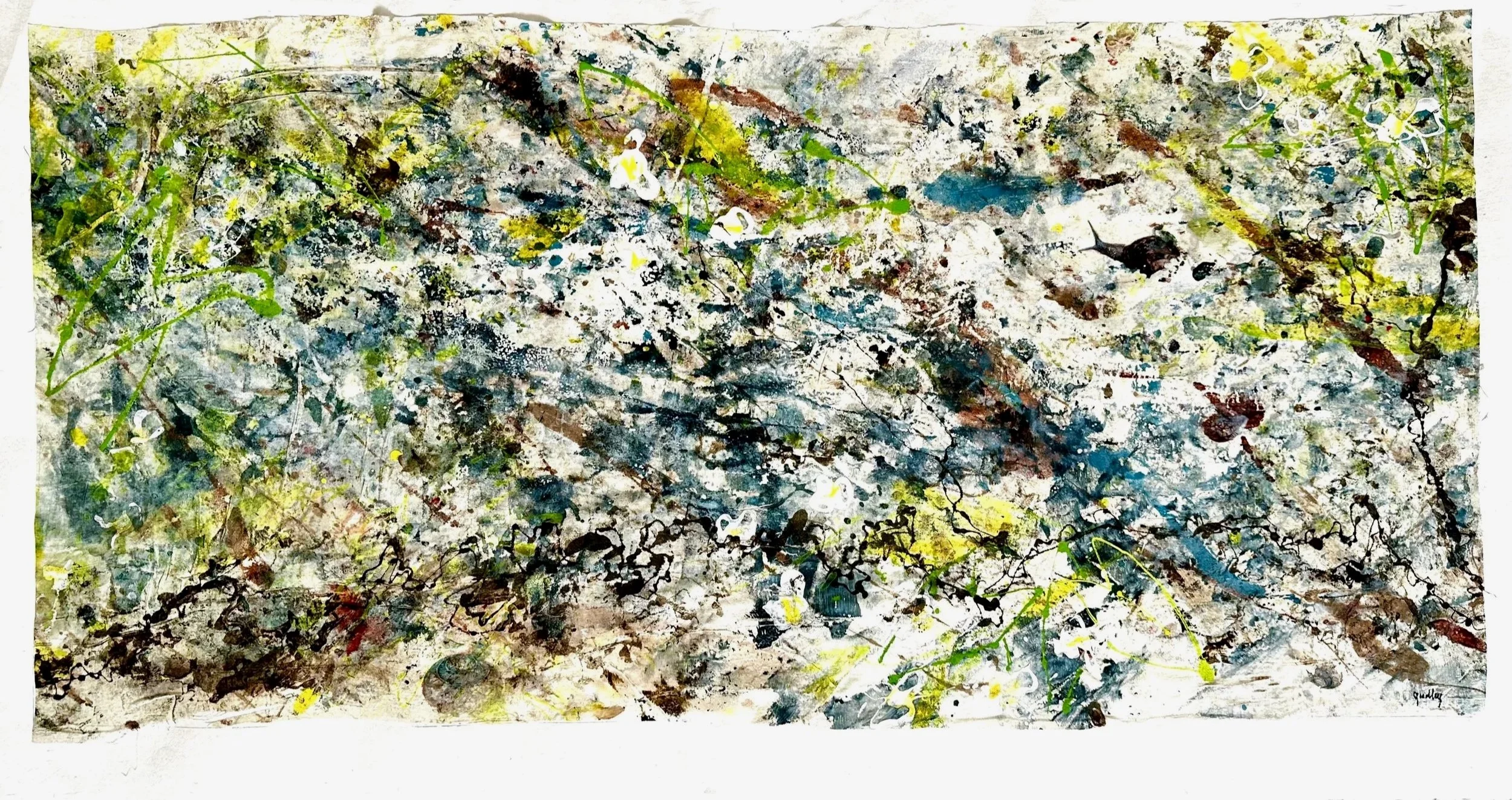 Upstream-56x30"Take a walk up through a small stream can you hear  the water spilling over the rocks? Acrylic with digital transfer on Cheesecloth mounted on 3 Ply Mulberry Paper.