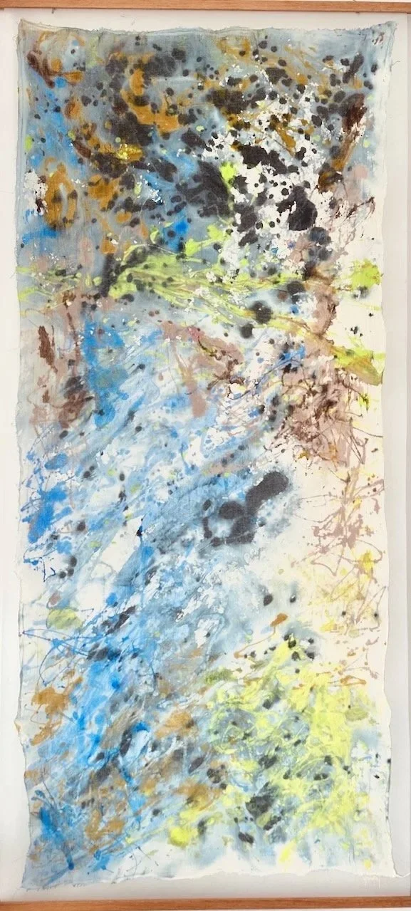 The Nature of Things- 67x30" explores the intricate connections between humans and the natural world through insightful content and beautiful prose. Acrylic on cheesecloth mounted on polyester velum UVLS archival varnish teak magnetic hanger 