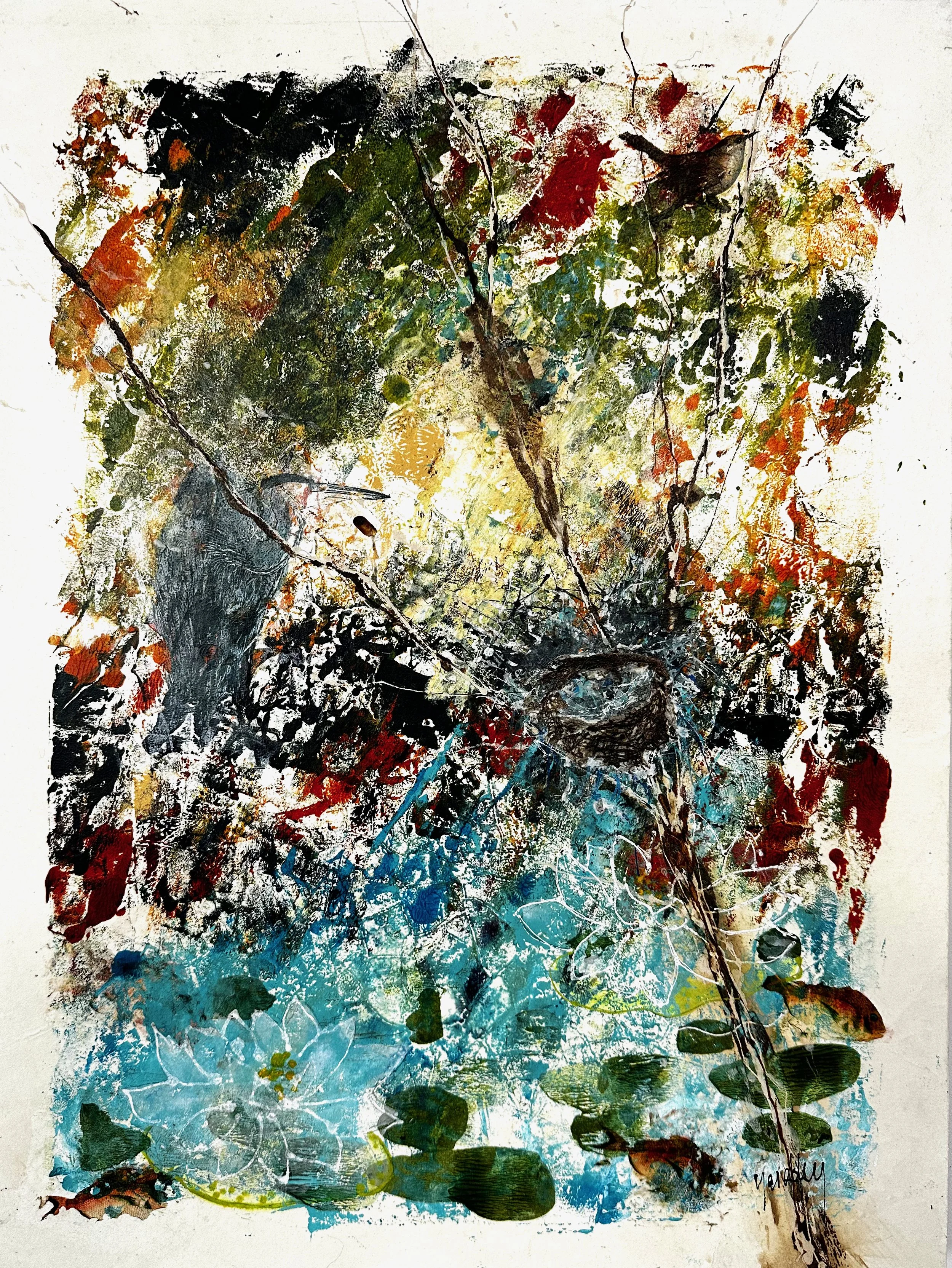 Each Pond with its Blazing Lilies is a Prayer-24x18" Acrylic and Watercolor on Arches Velin BFK 