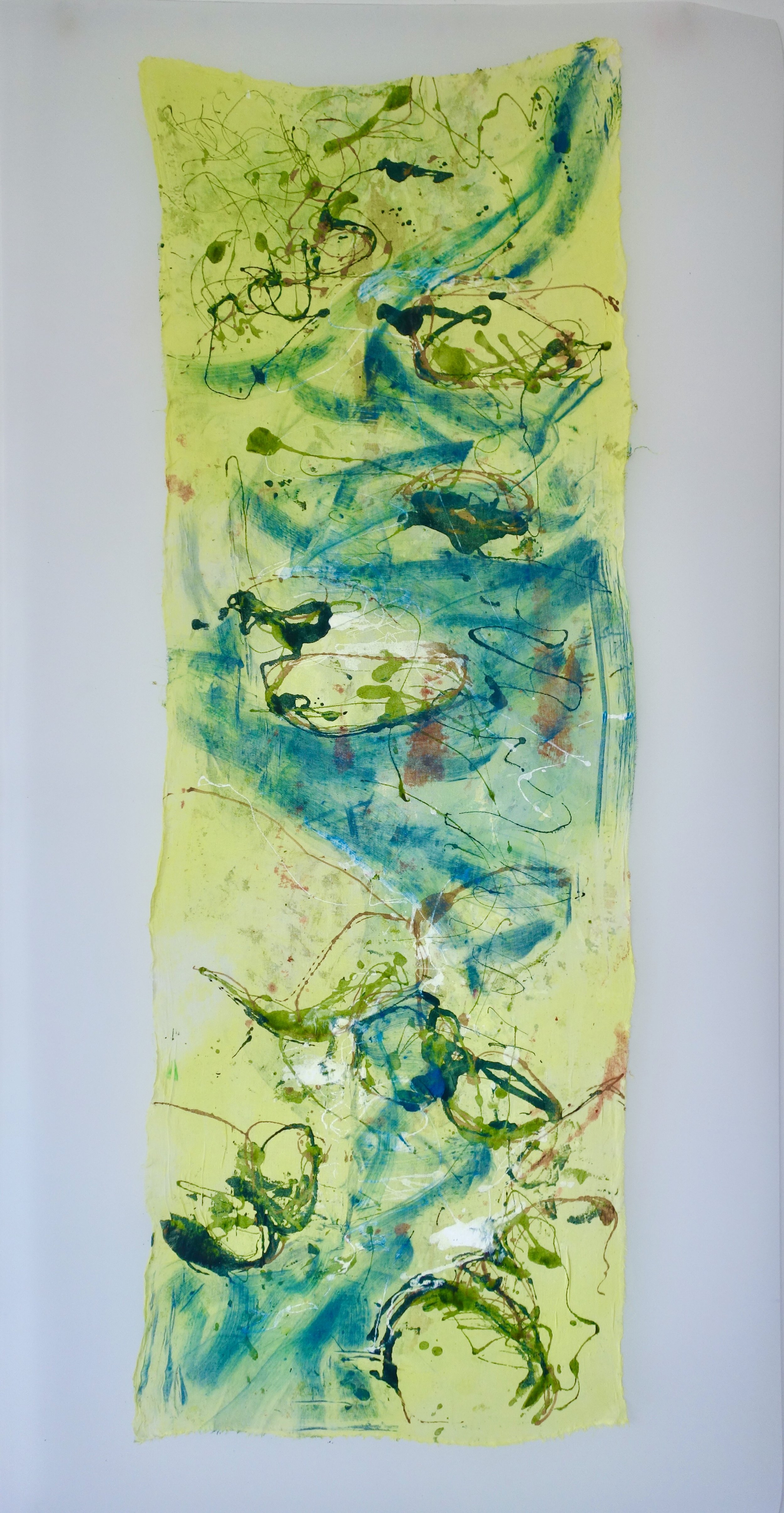 Dancing Down Stream-acrylic on cheesecloth mounted on matte polyester velum 67x30" ©Leigh Yardley