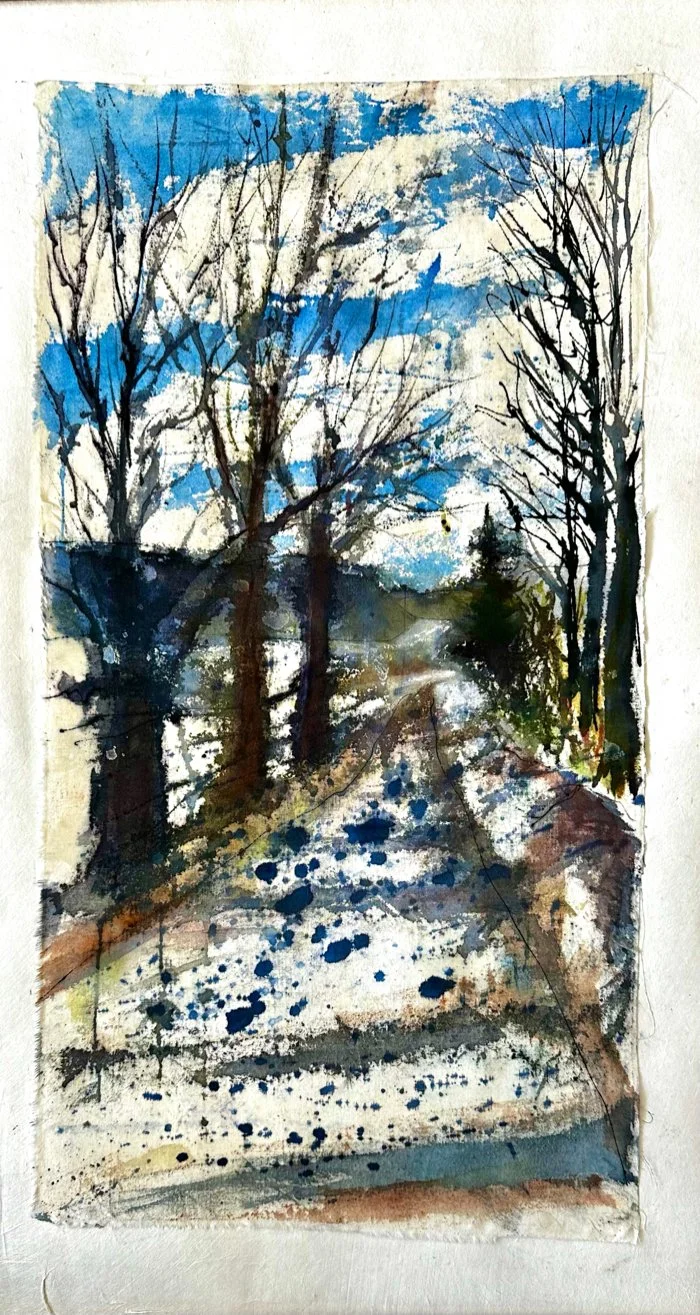 The Road Home-This painting  leads you down a path and around the corner to our shared memories. Watercolor and acrylic on muslin mounted on mulberry paper 29X16" with UVLS archival varnish.