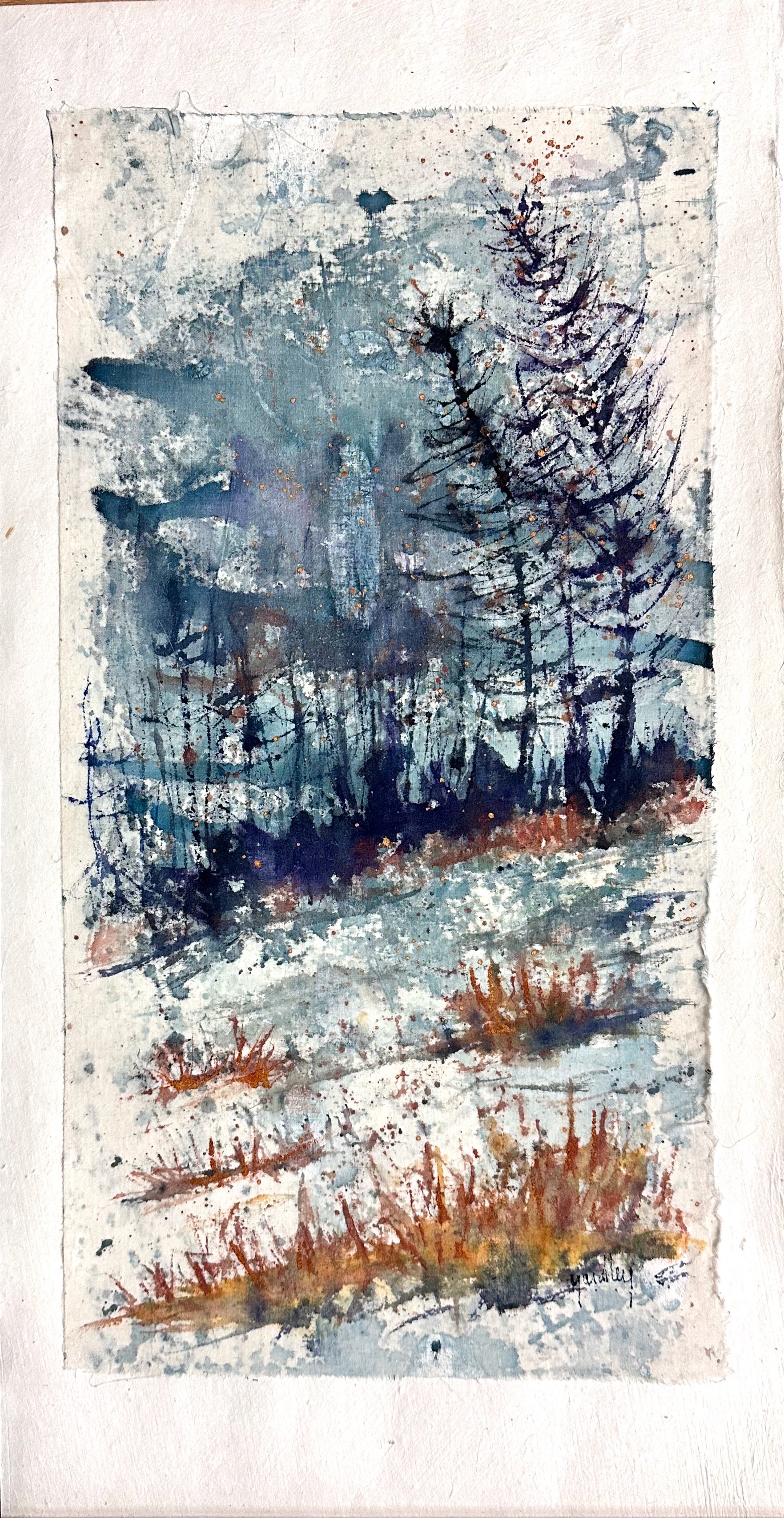 "Wind and Clouds with Peeks of Winter" I love the drama of November skies, Wind and Clouds with Peeks of Winter Watercolor and acrylic on muslin with mulberry paper. 28x14" UVLS archival varnish.