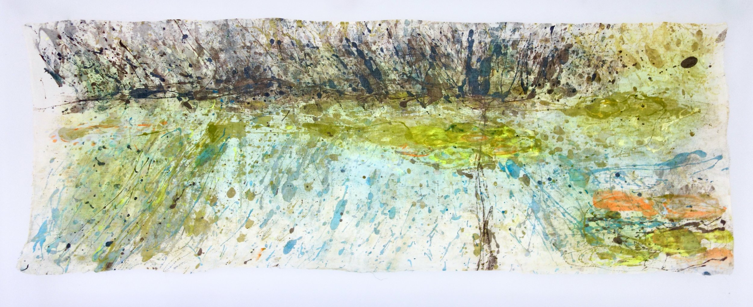 "Water Nymph" Acrylic on cheesecloth mounted on matte polyester film 29.5x69" Hanging 2" standout hardware included.