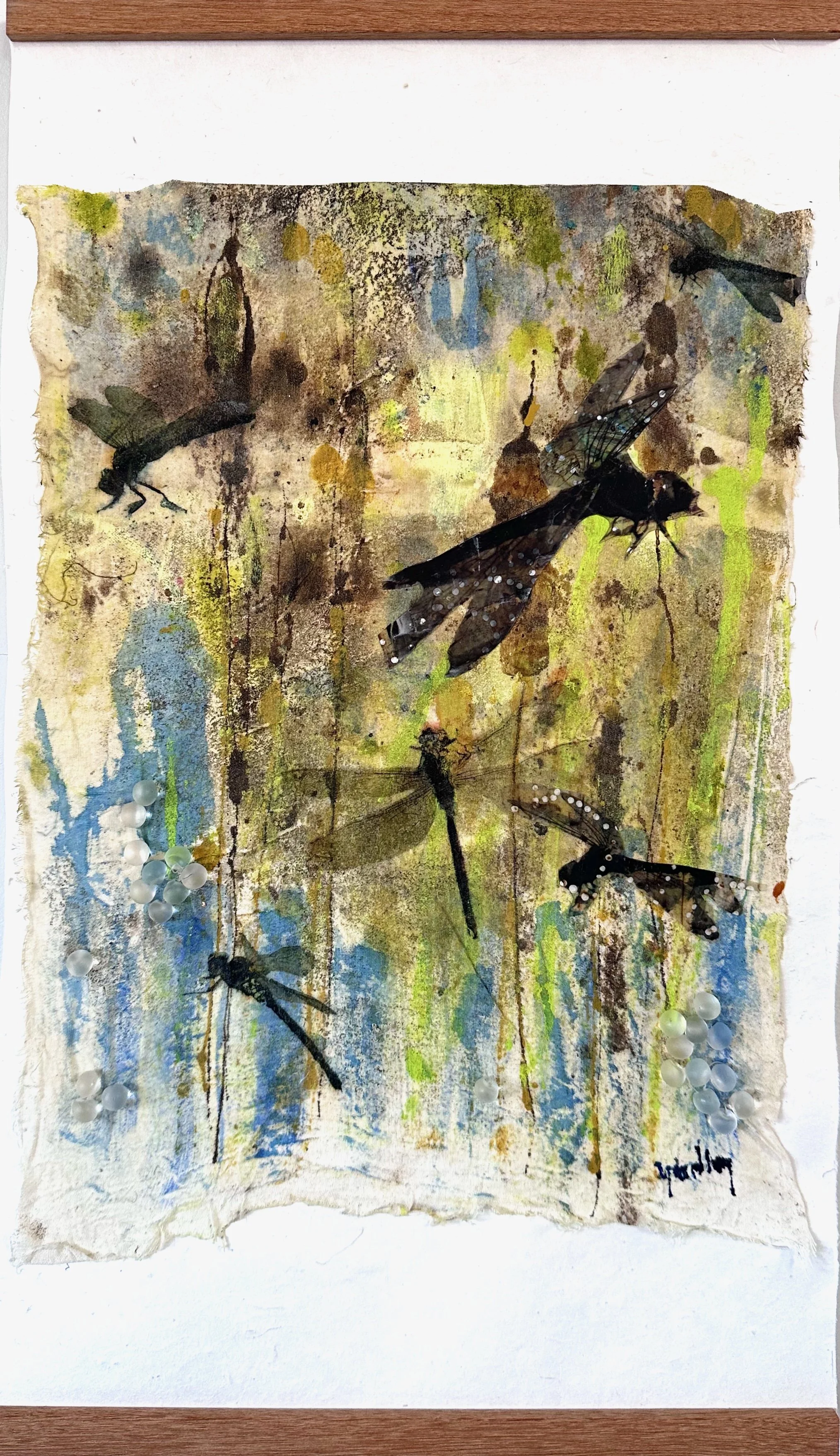 Spring Takes Flight-Dragonflies hover near the cattails warming in the spring sunlight. 24x14" Acrylic watercolor, glass buttons digital l transfers Cheesecloth on Mulberry Paper 