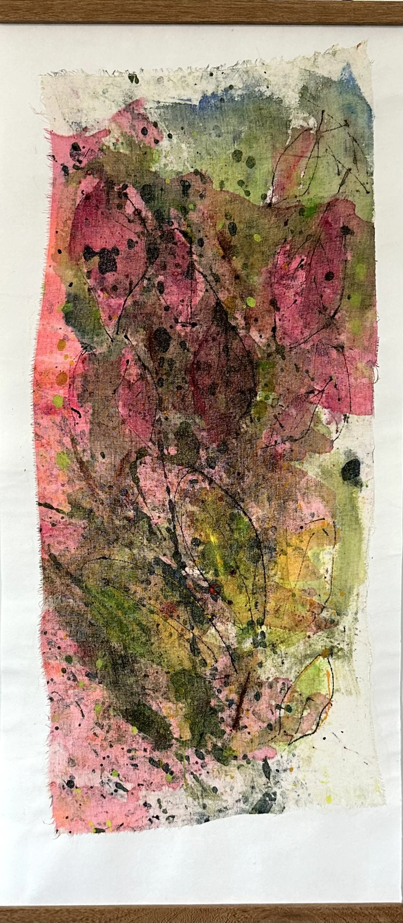 Native-a harmonious blend of texture and color, capturing the essence of natures explosive elegance. 32x14"  watercolor and acrylic on cheesecloth mounted on Mulberry Paper. UVLS archival varnish teak magnetic hanger