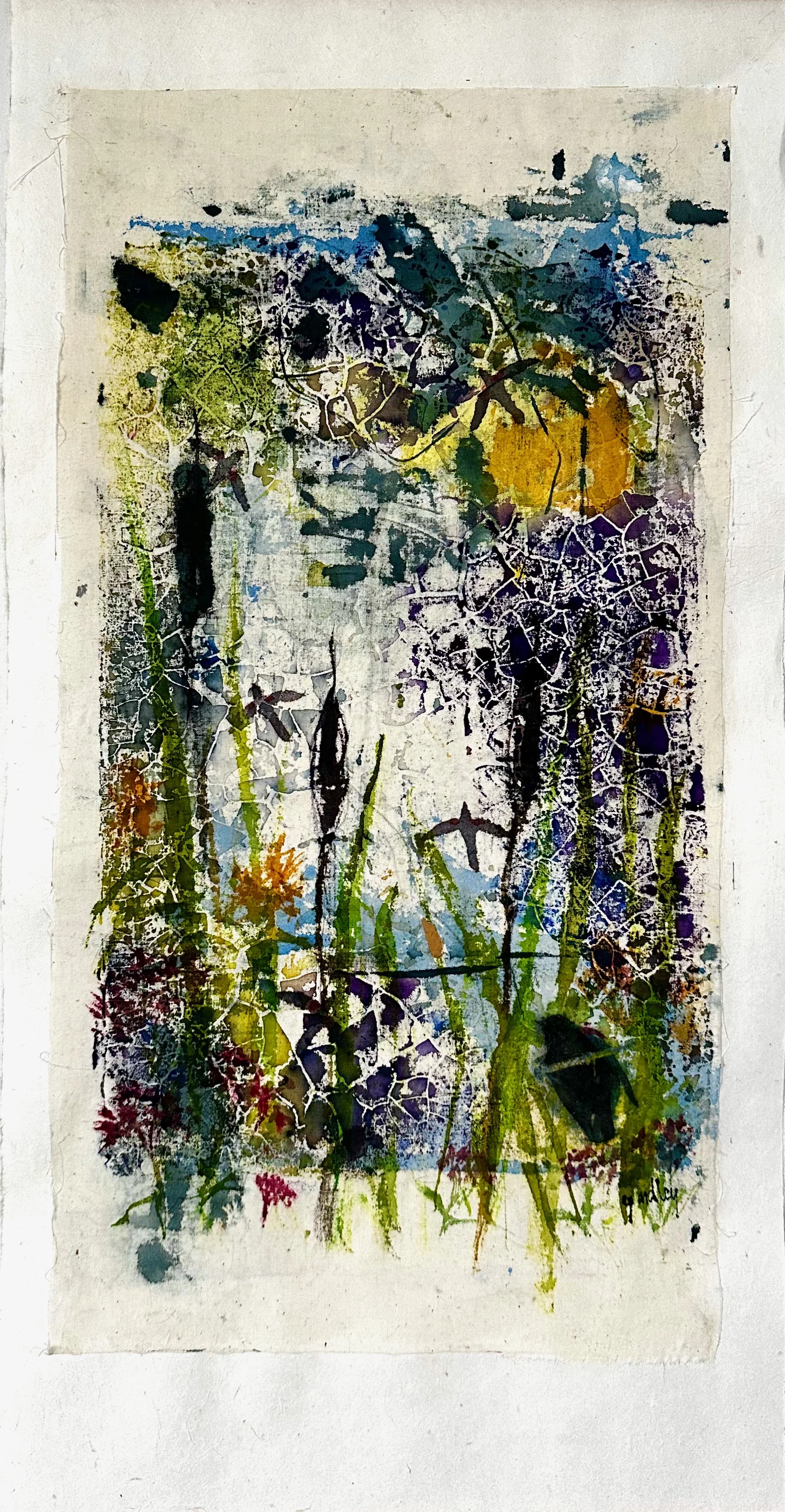 "This May be the Day" that birds take flight... watercolor and acrylic on muslin mounted on mulberry paper 29x15" UVLS archival varnish. Teak magnetic hanging.
G