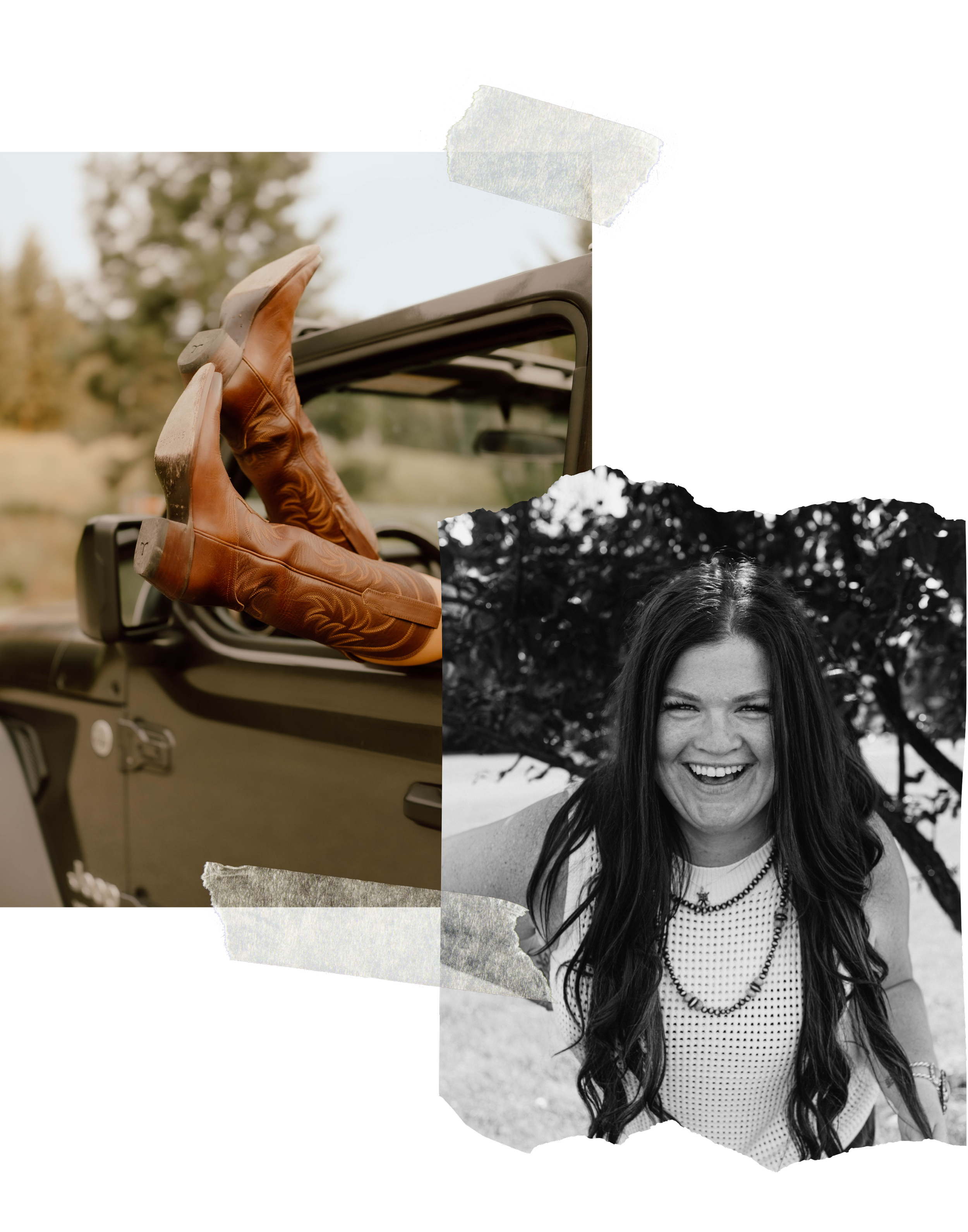 Ryann Bauer smiling in an outdoor setting alongside a vintage car with leather gloves on the dashboard, capturing a nostalgic and grounded lifestyle