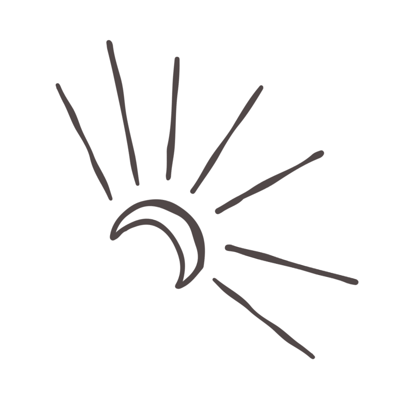 Stylized drawing of a crescent moon with lines radiating outward, resembling a starburst.