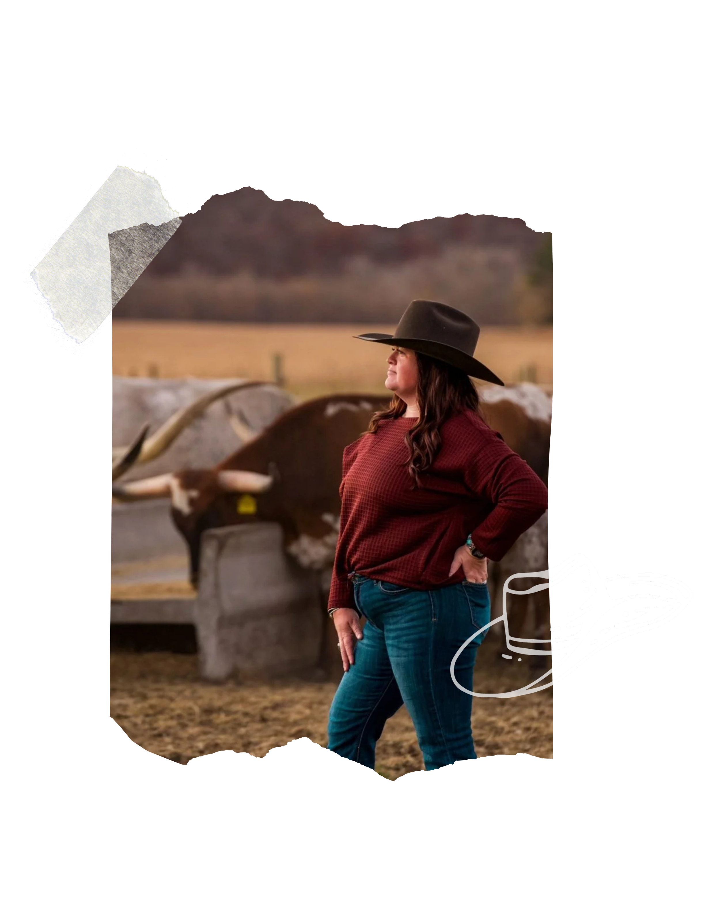 Ryann in a red sweater and jeans standing outdoors with cattle in background, wearing a large black cowboy hat.