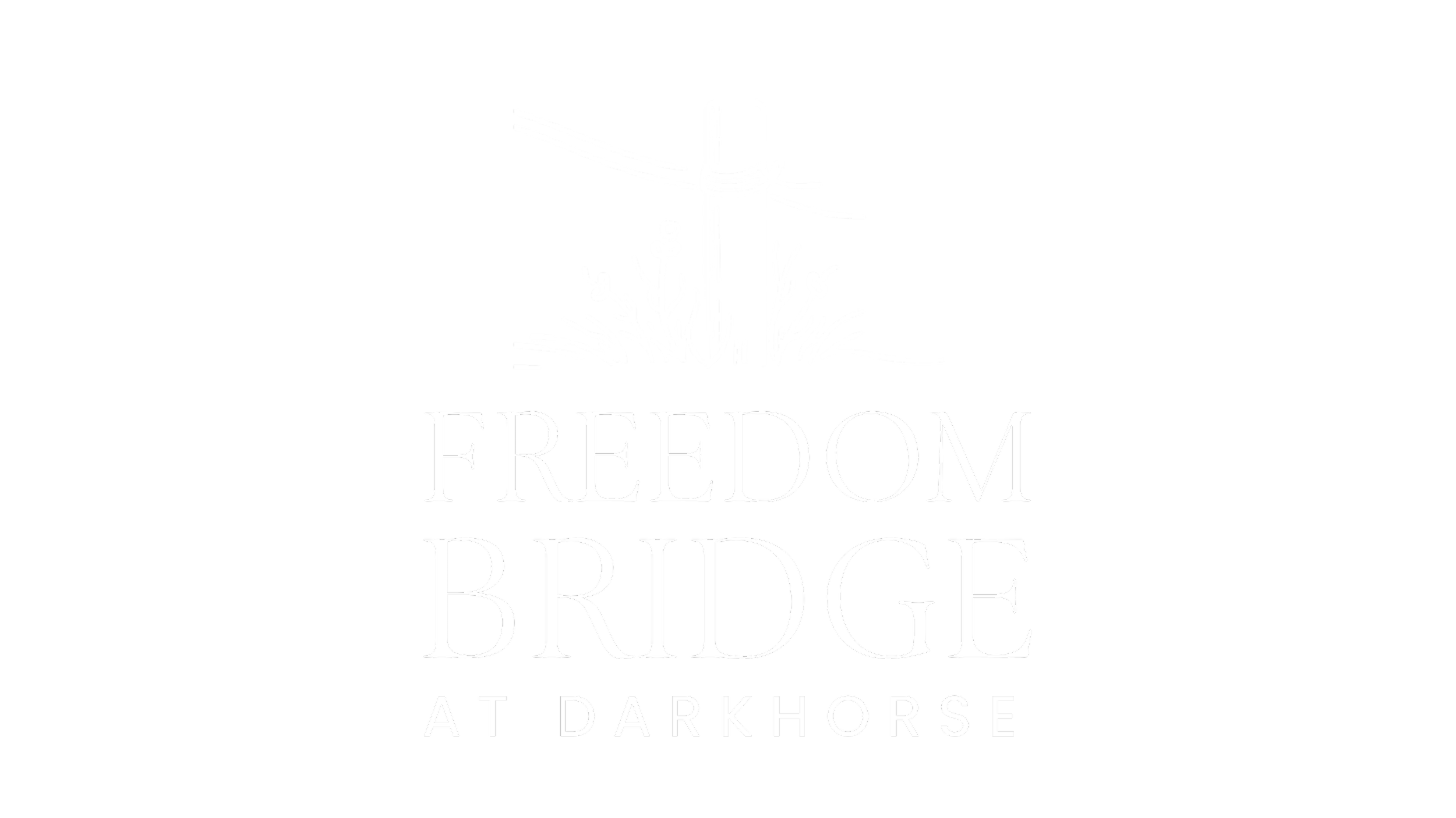 Black background with a white illustration of a bridge support and grass, and the text 'FREEDOM BRIDGE AT DARKHORSE'.
