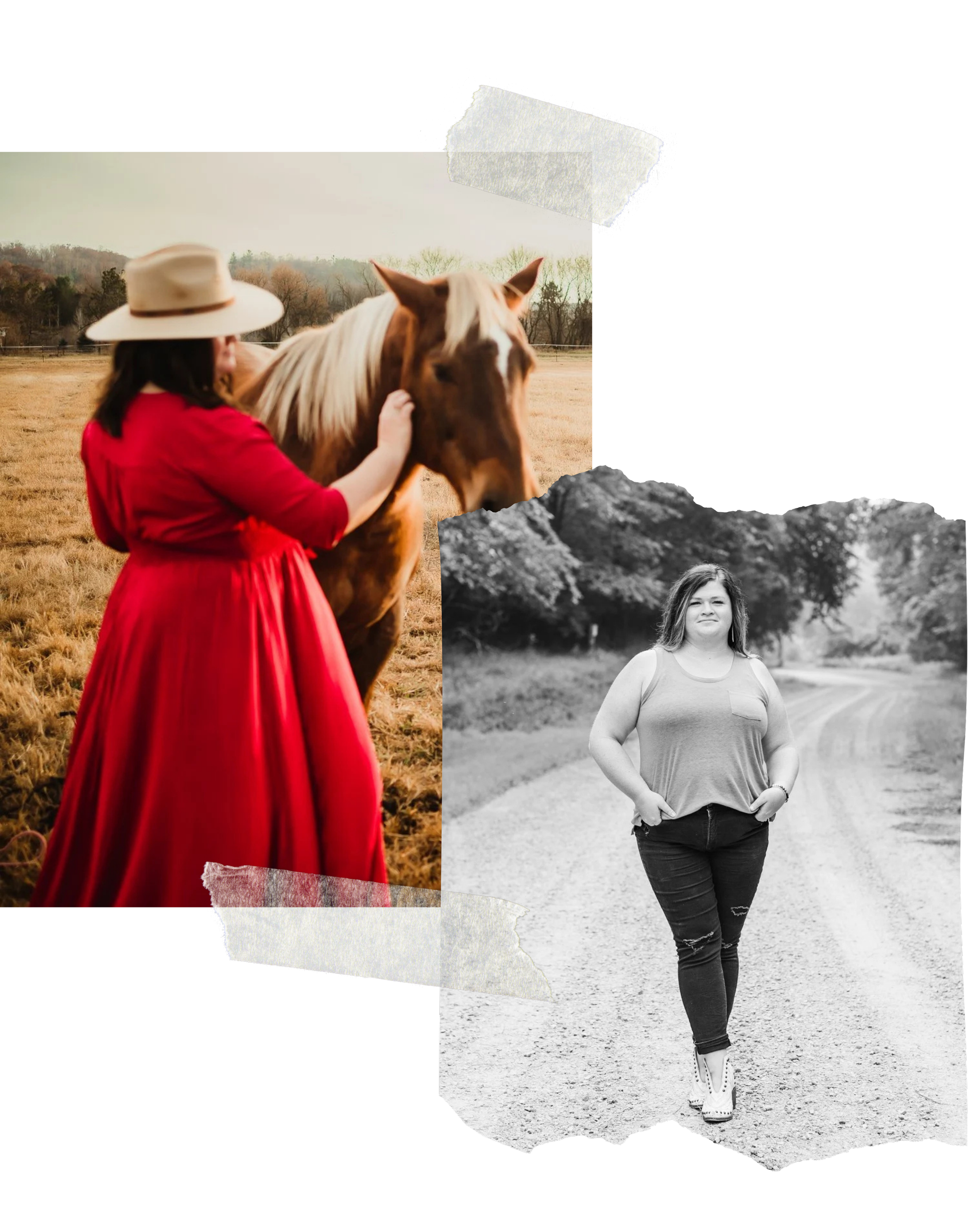 Artistic collage featuring a Ryann in a red dress with a horse, a black and white lifestyle portrait, and layered paper and color elements.