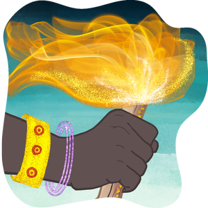 An illustration of a black woman's hand holding a lit torch, indicating fire and aliveness.