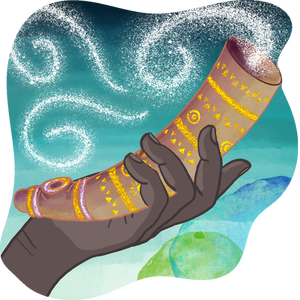 An illustration of a black woman's hands holding a horn with gusts of wind.