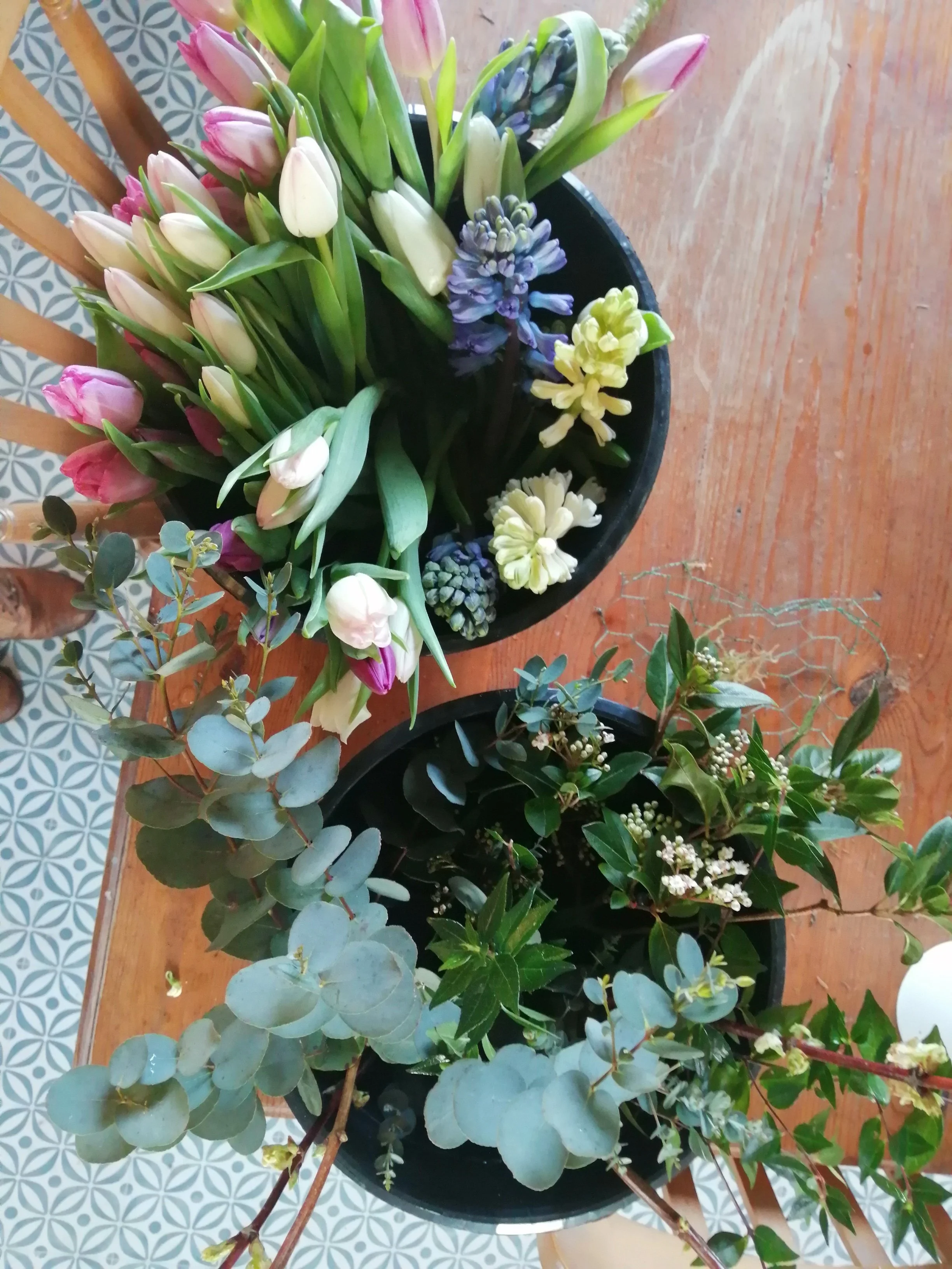 Spring time buckets of tulips and foliage