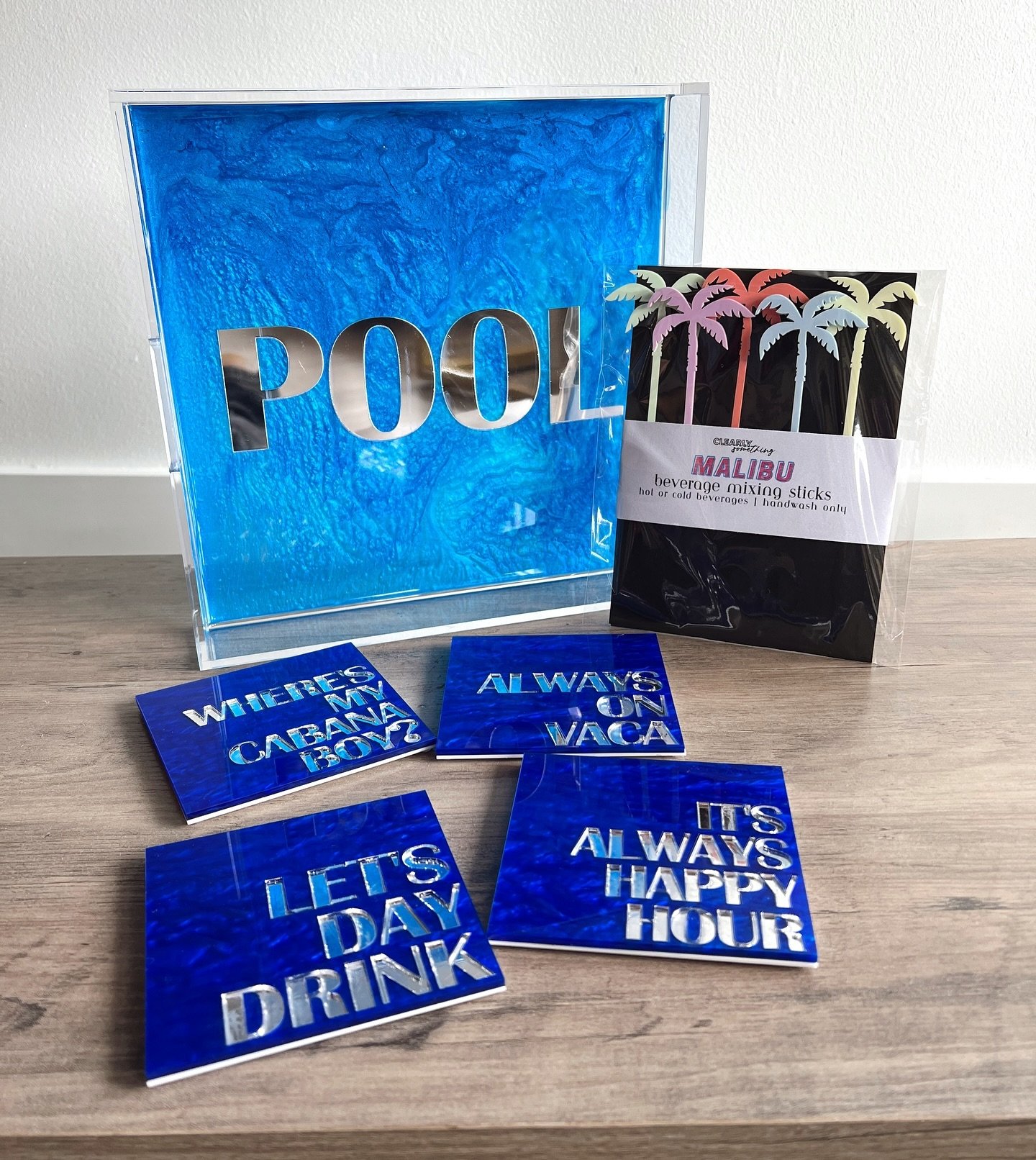 Summer hosting essentials 🍹🍹🍹

Pool Tray, Set of 4 Coasters &amp; Mixing Sticks available to shop💫