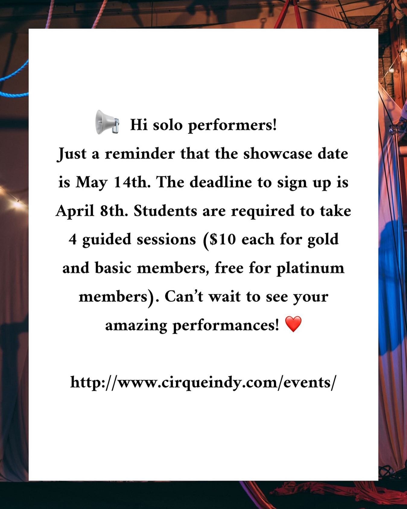 Hi solo performers! Just a reminder that the showcase date is May 14th. The deadline to sign up is April 8th. Students are required to take 4 guided sessions ($10 each for gold and basic members, free for platinum members). Can&rsquo;t wait to see yo
