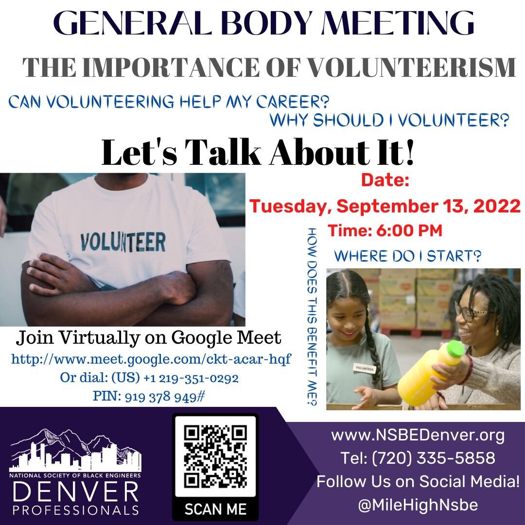Hello Denver Professionals 👋, Save the date for our next General Body Meeting on Tuesday, September 13, 2022. We'll be discussing the possibility of a recession and how to prepare. Log on via the meeting link in our bio.

#Nsbedenverprofessionals #n