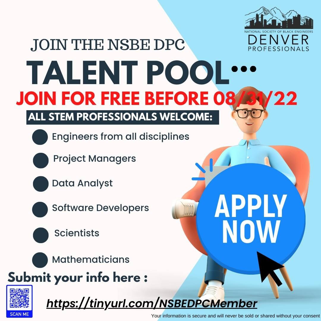 Hello Denver Professionals, 
Have you signed up for the NSBE Denver Talent Pool yet? If not, get going now, as you only have seven days left to join for FREE! Click the link in our bio now and get started &gt;&gt;&gt; https://tinyurl.com/NSBEDPCMembe