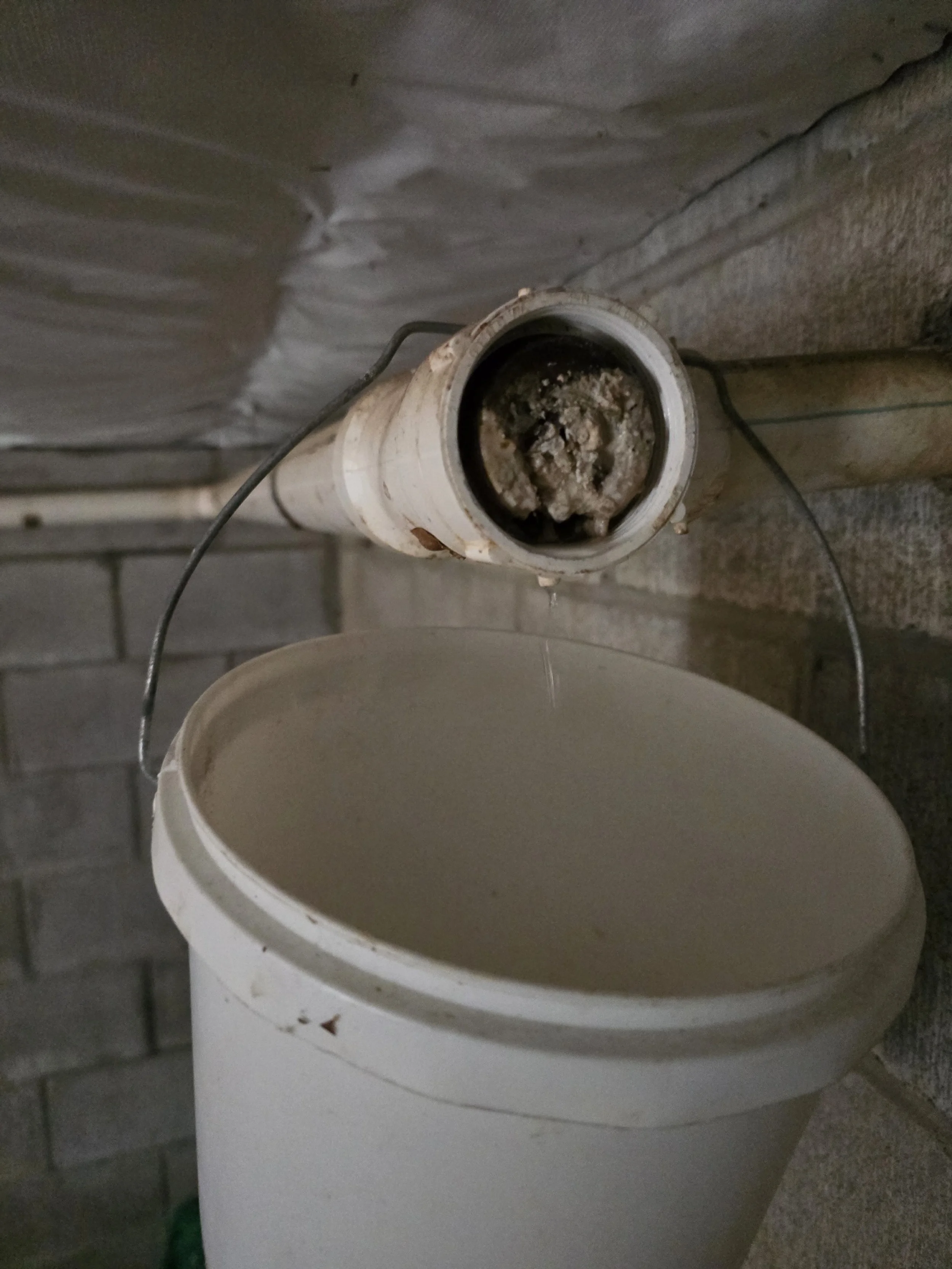 A clogged drainpipe with dirty debris inside