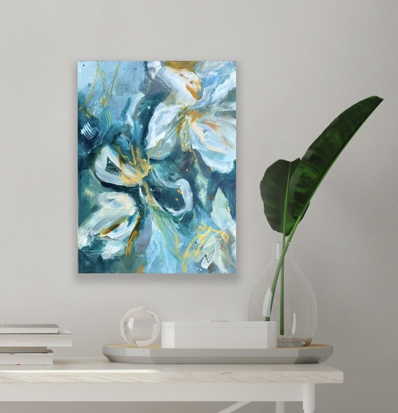 turquoise and white small floral art by Karla Preciado