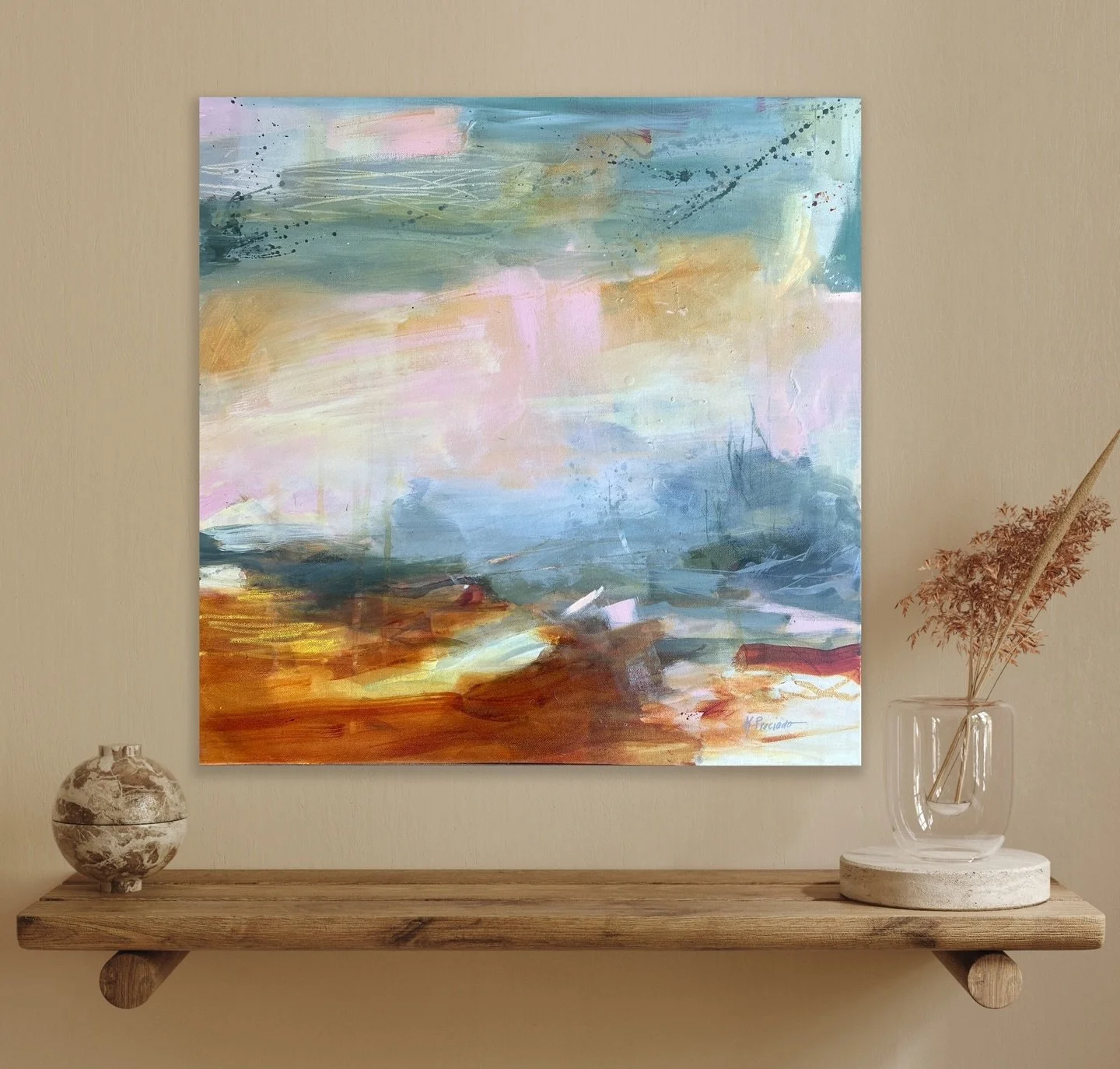 &ldquo;Amber Embrace&rdquo; 24x24x1.5&rdquo; from Beyond the Horizon Collection. 

Buttery layers of amber, pink and soft greens&mdash;an imagined abstract painting born from the quiet force that pushes me to create.
Inspired by nature and shaped by 